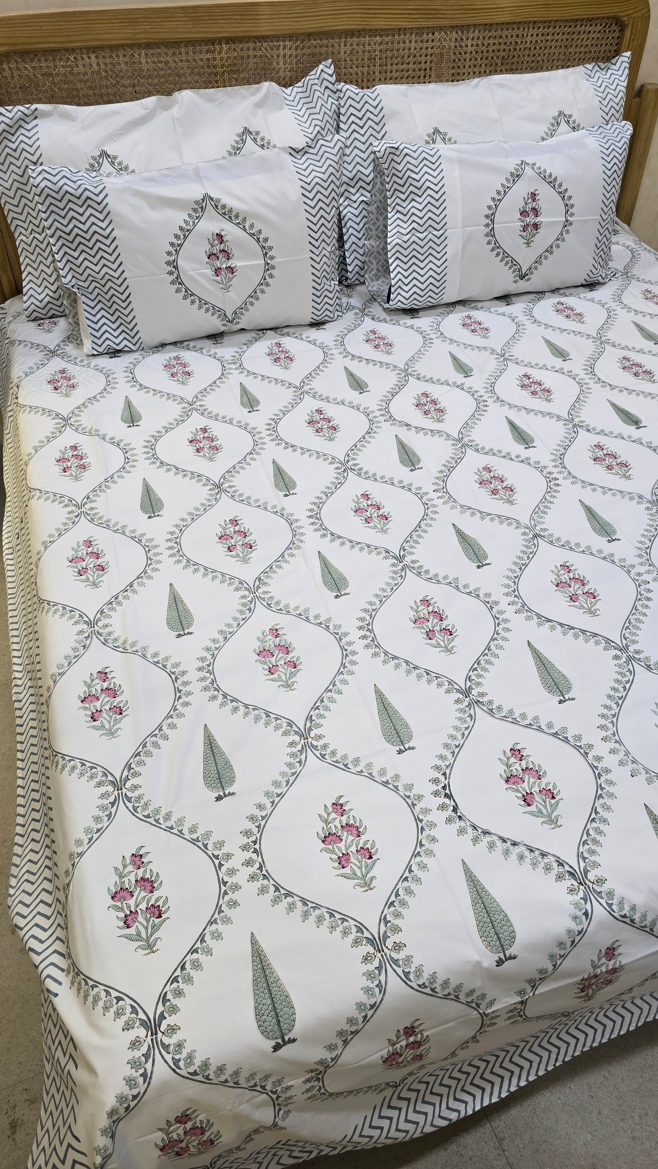 PRISHA HAND BLOCK PRINTED BEDSHEET WITH TWO REVERSIBLE PILLOW COVERS