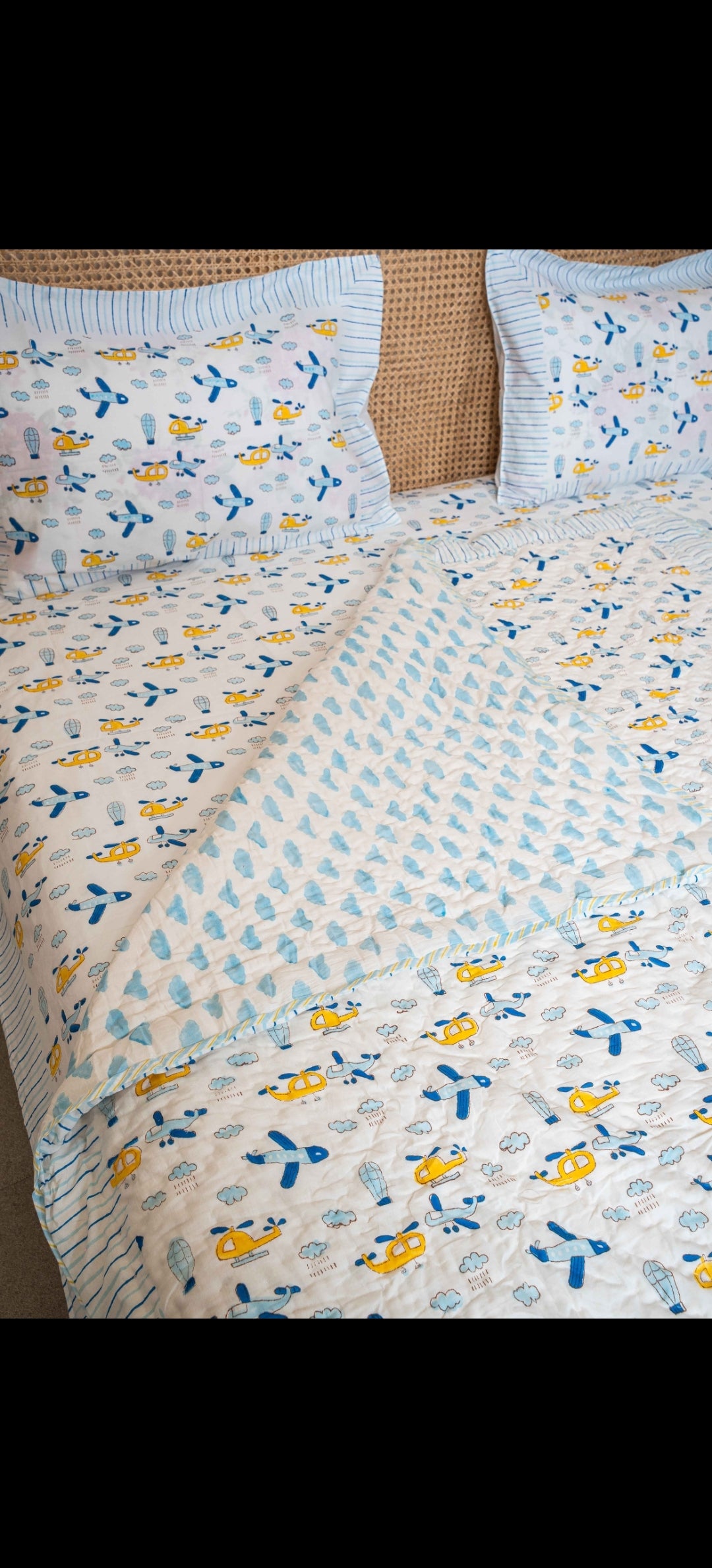 SINGLE BED HANDBLOCK PRINTED REVERSIBLE MULMUL KIDS QUILT (5 Years till Adult size)