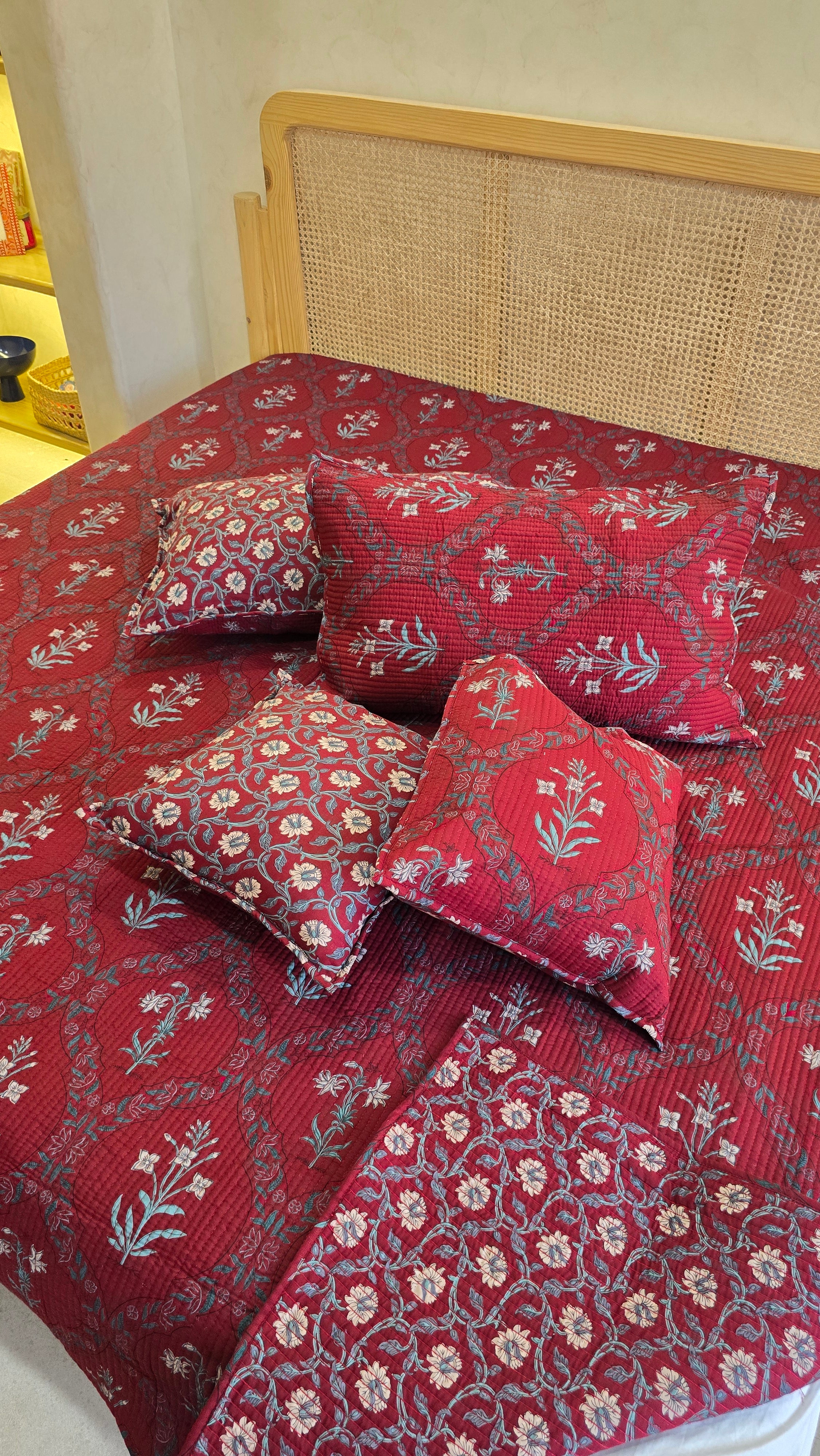 KANAK JAAL MAROON POPPY QUILTED BEDCOVER SET(5PC) - BEDCOVER + 2 PILLOW CASES + 2 CUSHION COVERS