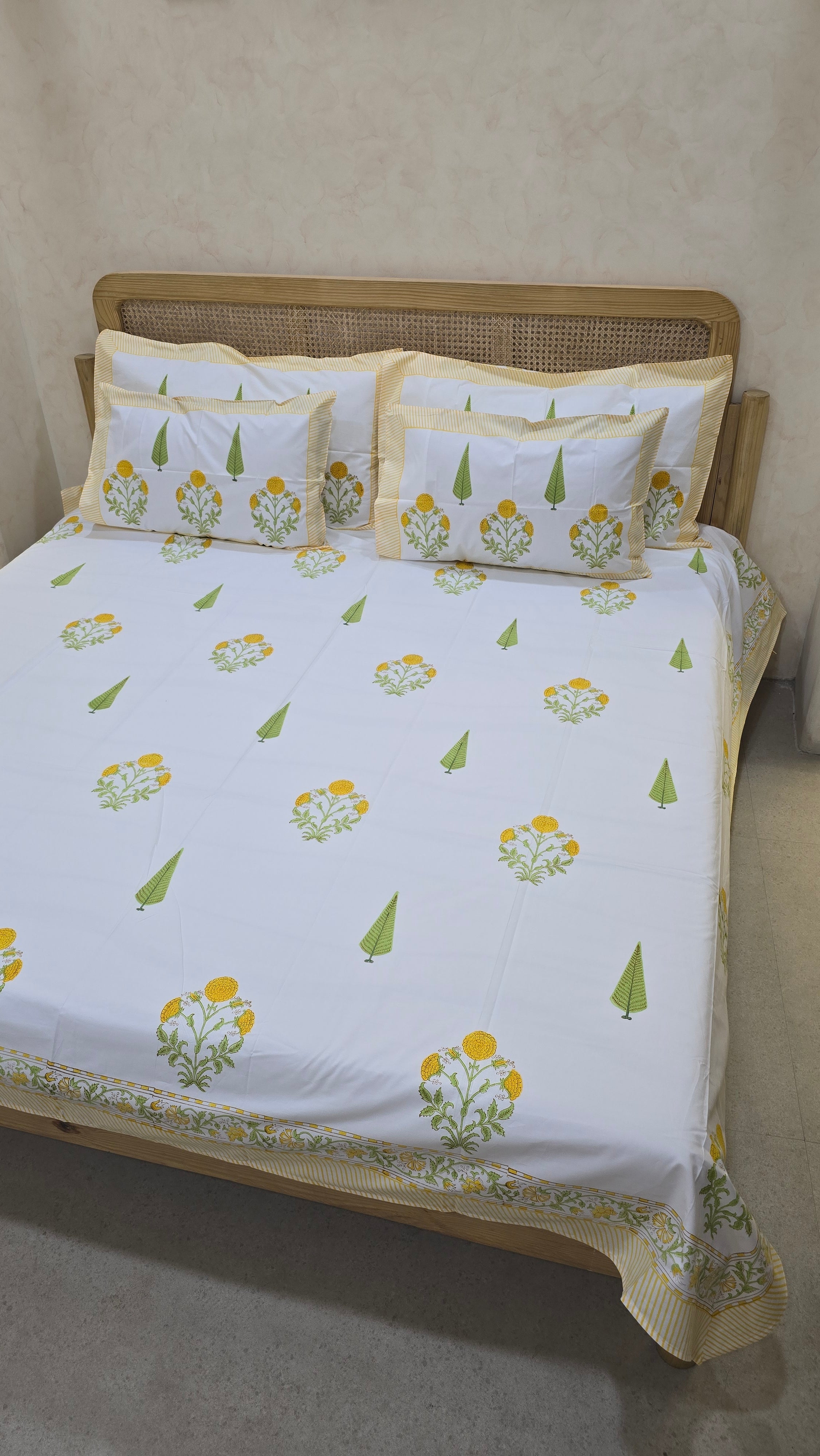 MARIGOLD HAND BLOCK PRINTED BEDSHEET WITH TWO REVERSIBLE PILLOW COVERS
