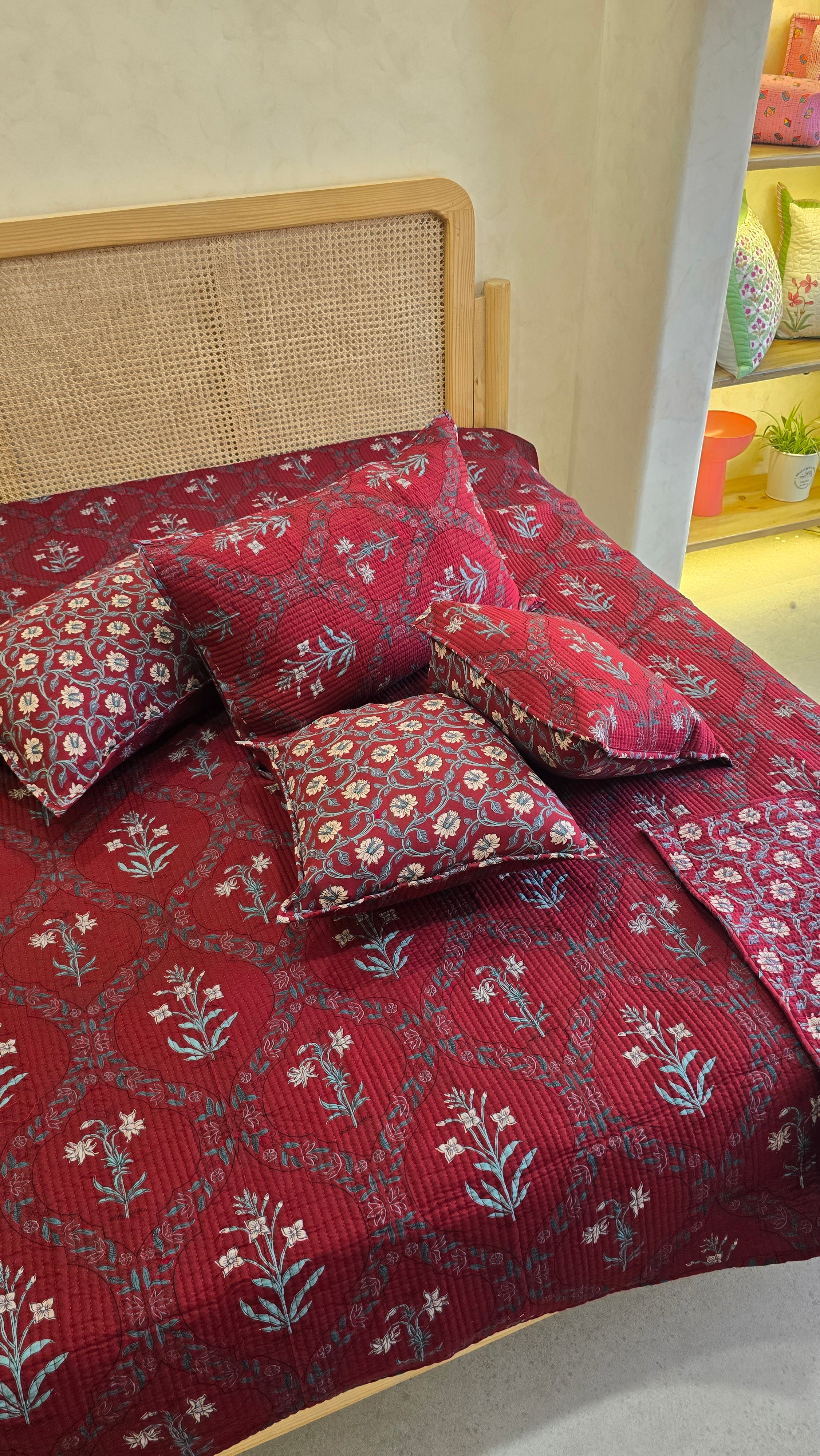 KANAK JAAL MAROON POPPY QUILTED BEDCOVER SET(5PC) - BEDCOVER + 2 PILLOW CASES + 2 CUSHION COVERS