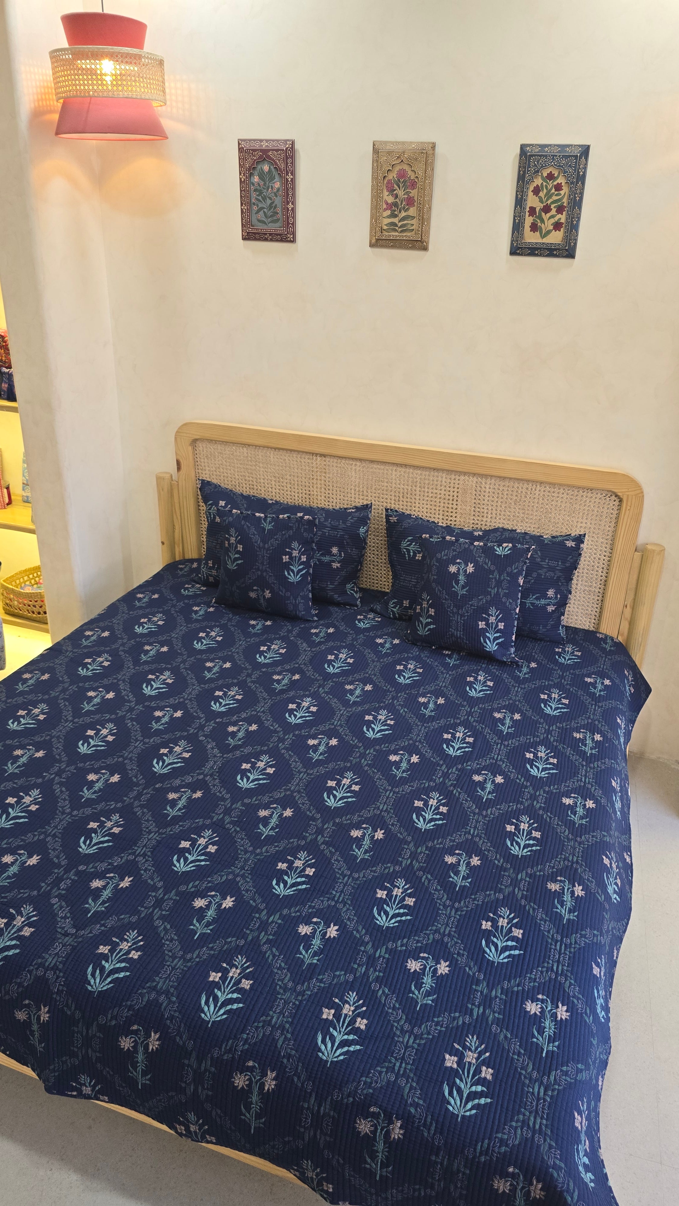 KANAK JAAL BLUE POPPY QUILTED BEDCOVER SET(5PC) - BEDCOVER + 2 PILLOW CASES + 2 CUSHION COVERS