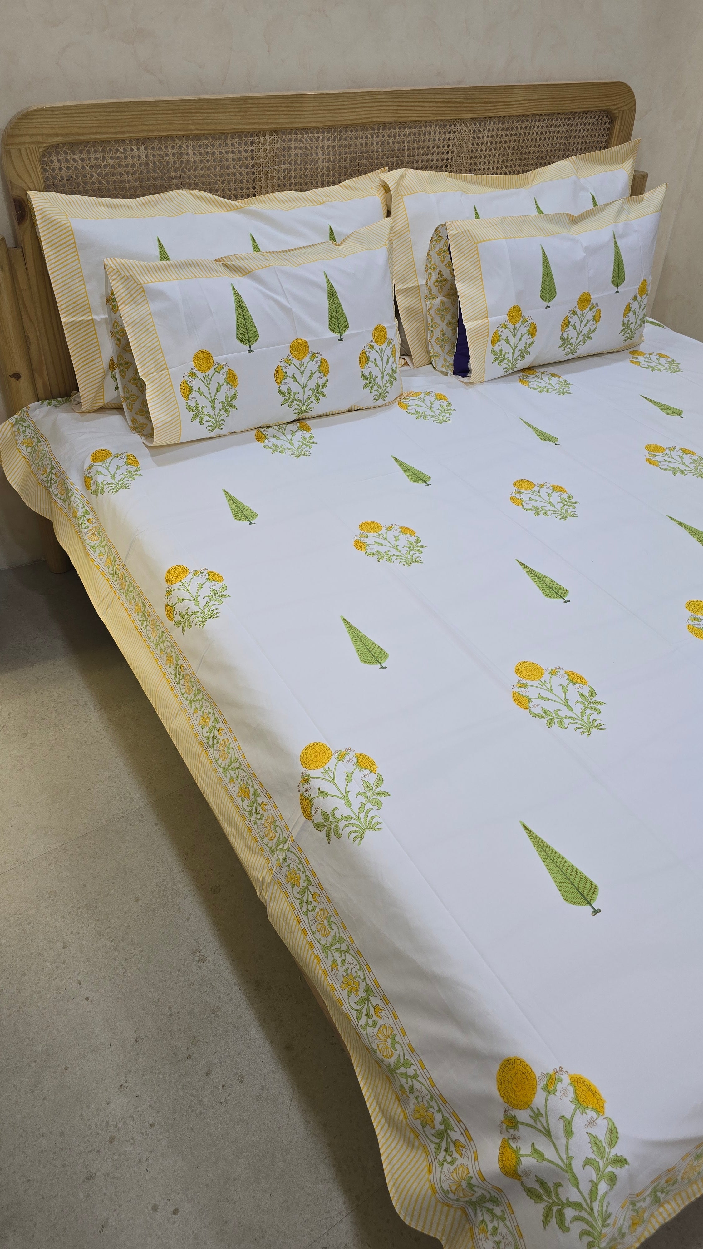 MARIGOLD HAND BLOCK PRINTED BEDSHEET WITH TWO REVERSIBLE PILLOW COVERS