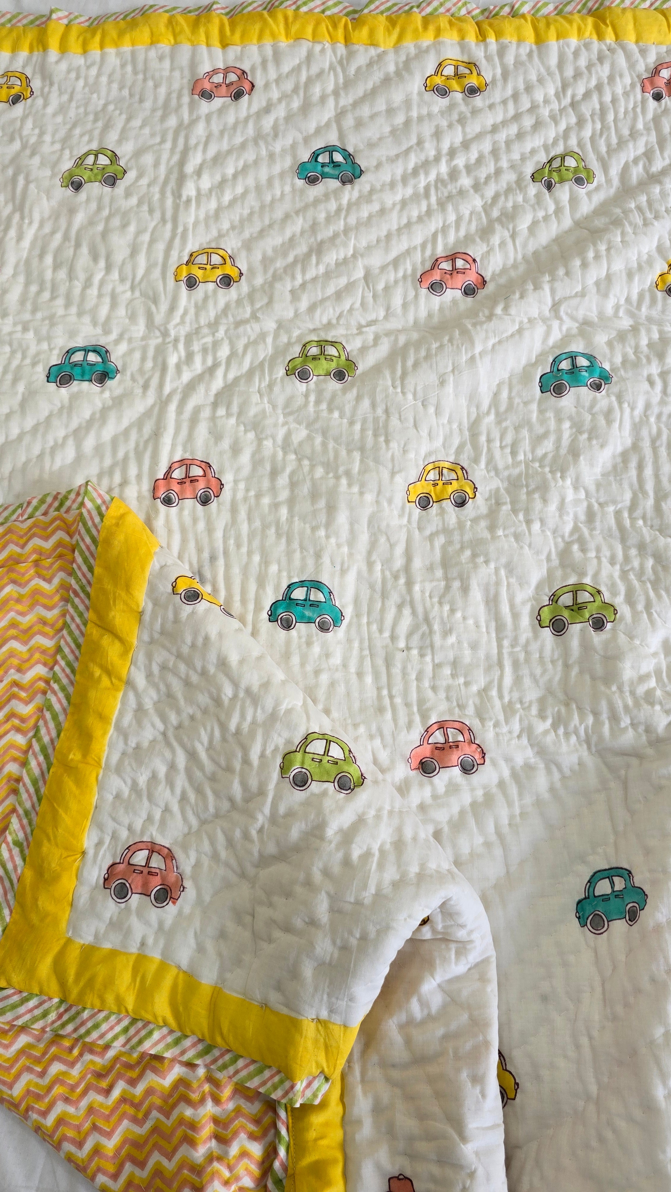 COLOURFUL TOY CAR HANDBLOCK PRINTED REVERSIBLE MULMUL BABY QUILT