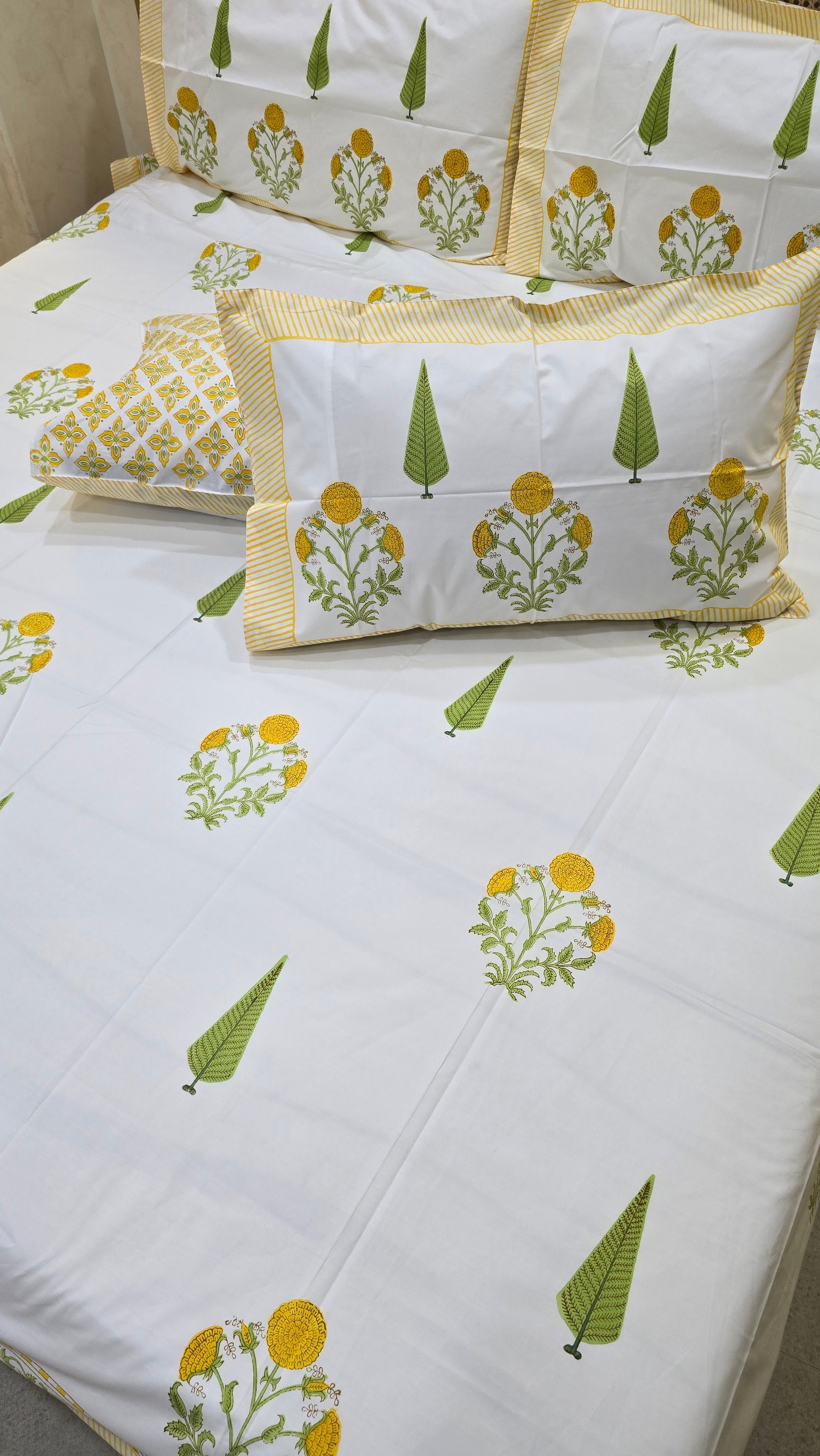 MARIGOLD HAND BLOCK PRINTED BEDSHEET WITH TWO REVERSIBLE PILLOW COVERS