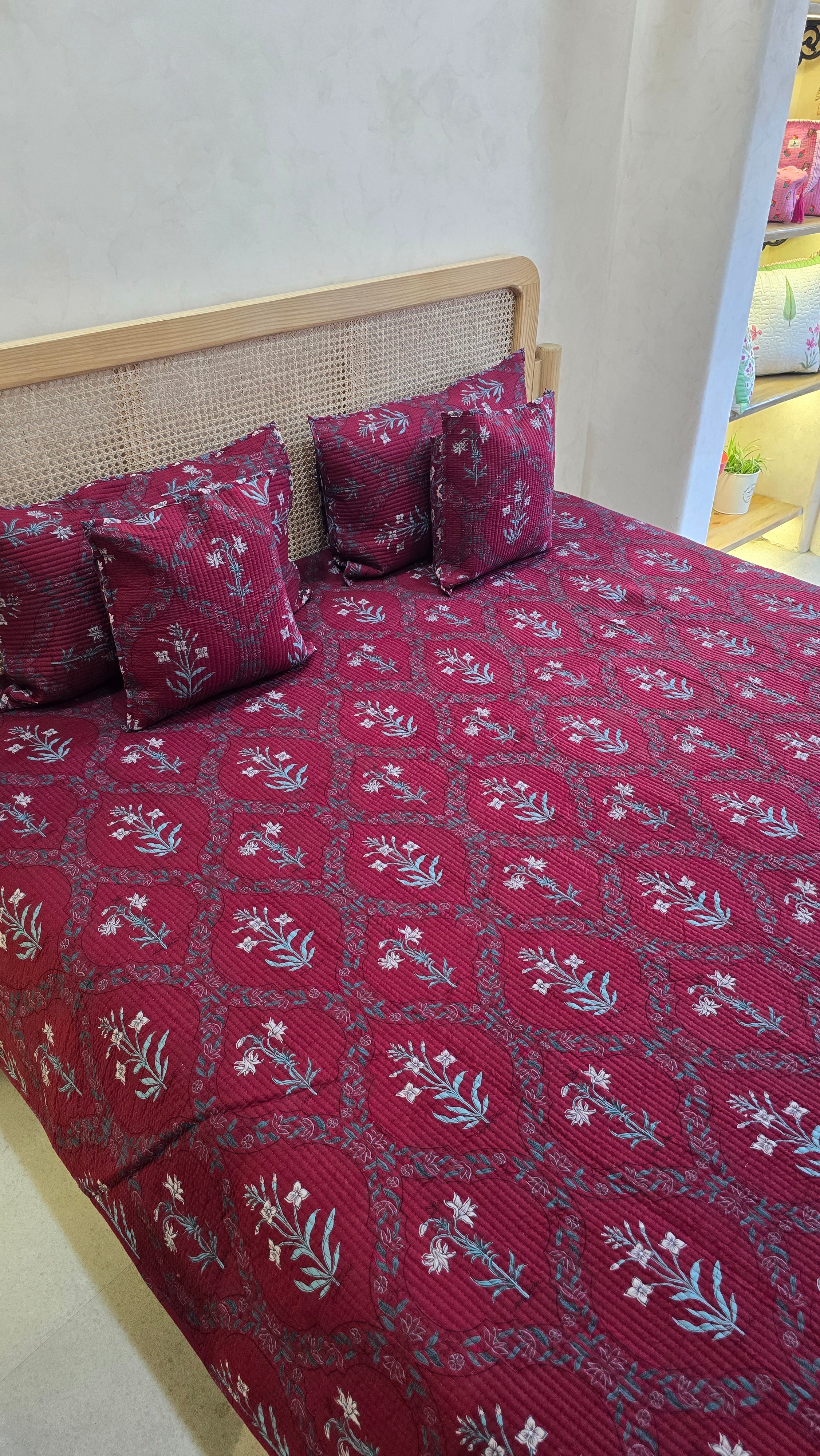 KANAK JAAL MAROON POPPY QUILTED BEDCOVER SET(5PC) - BEDCOVER + 2 PILLOW CASES + 2 CUSHION COVERS