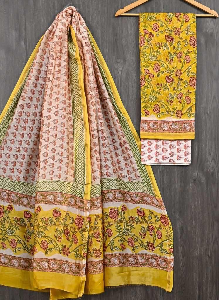 HAND BLOCK PRINTED CHANDERI UNSTITCHED SUIT