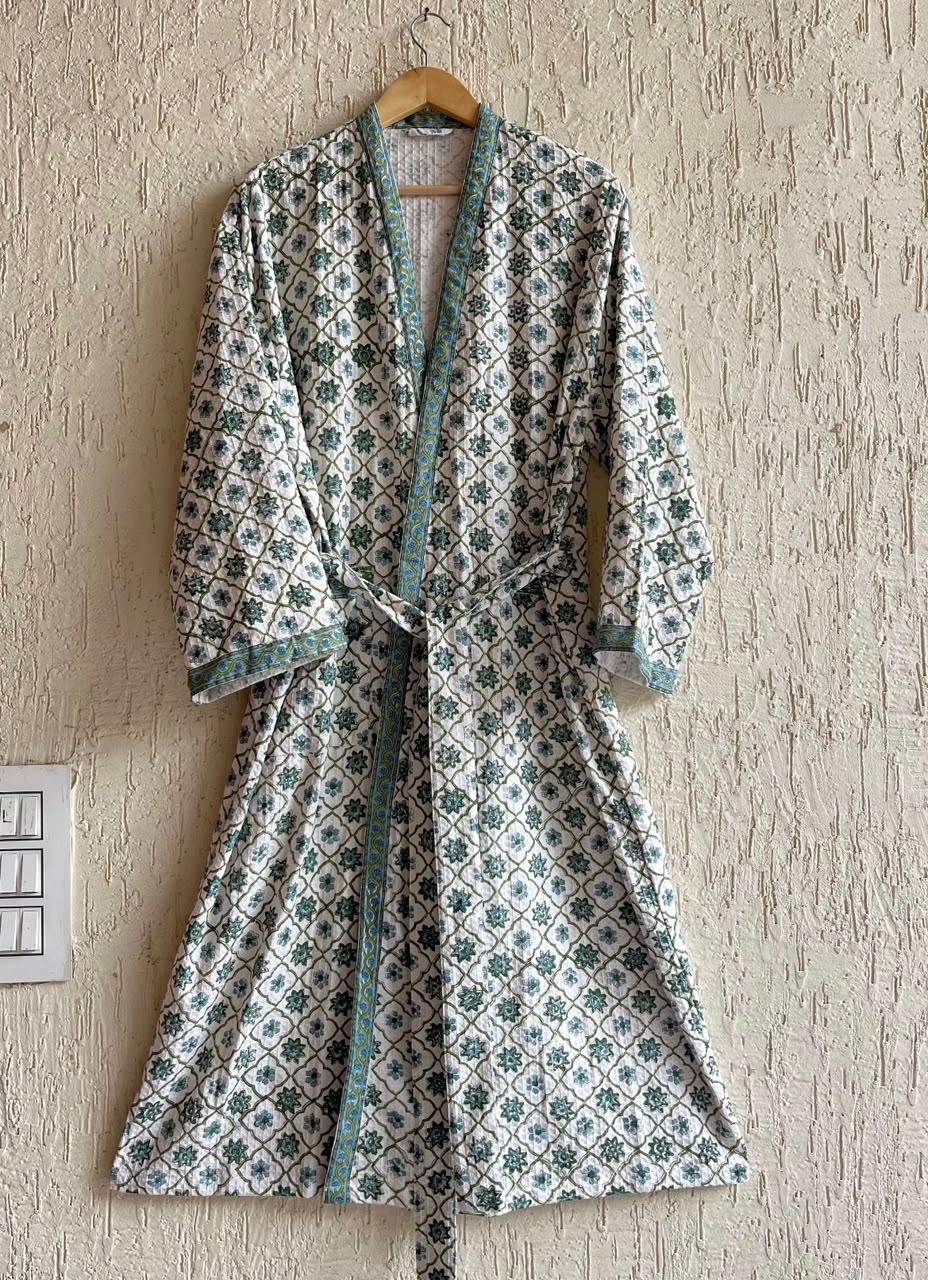 HAND BLOCK PRINTED WAFFLE BATHROBE