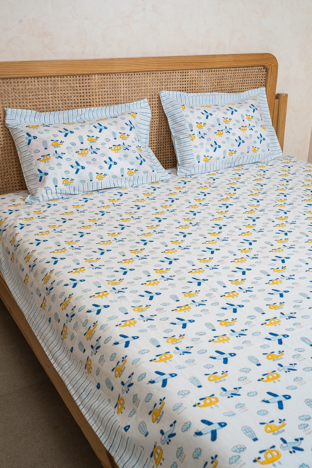 AEROPLANE HAND BLOCK PRINTED BEDSHEET WITH REVERSIBLE PILLOW COVER