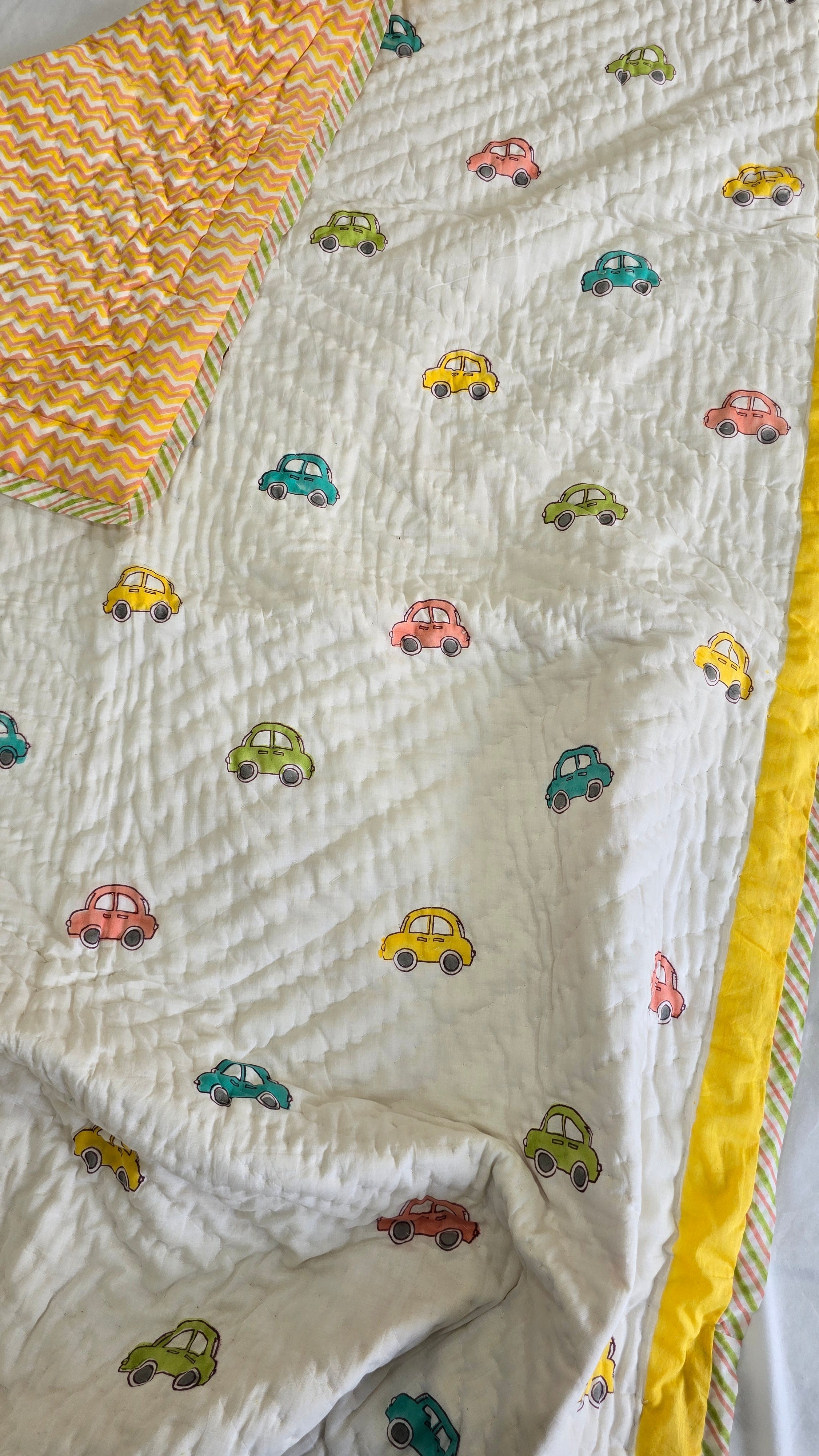 COLOURFUL TOY CAR HANDBLOCK PRINTED REVERSIBLE MULMUL BABY QUILT
