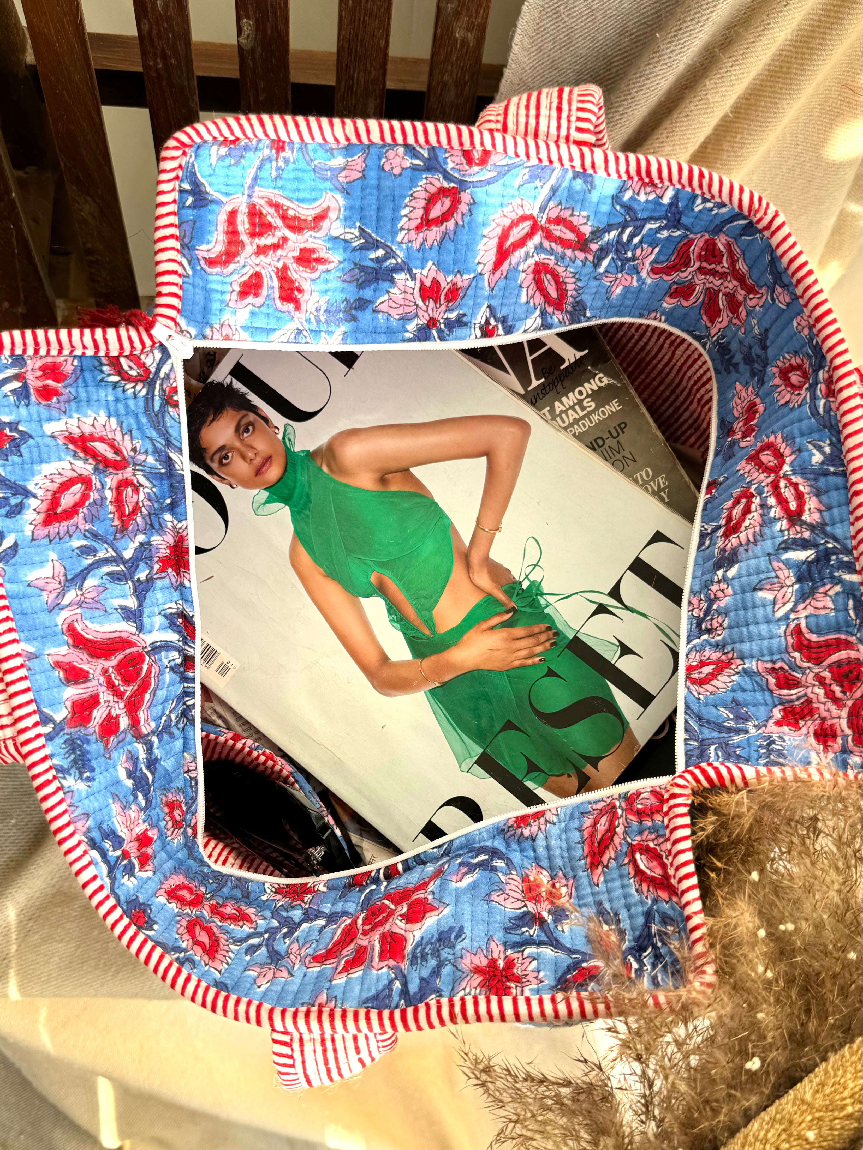 HAND BLOCK PRINTED TOTE BAG WITH ZIP