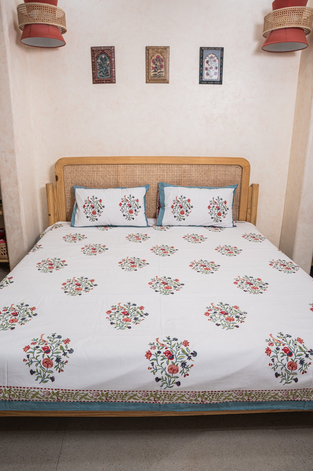 PARINDA HAND BLOCK PRINTED BEDSHEET WITH TWO REVERSIBLE PILLOW COVERS