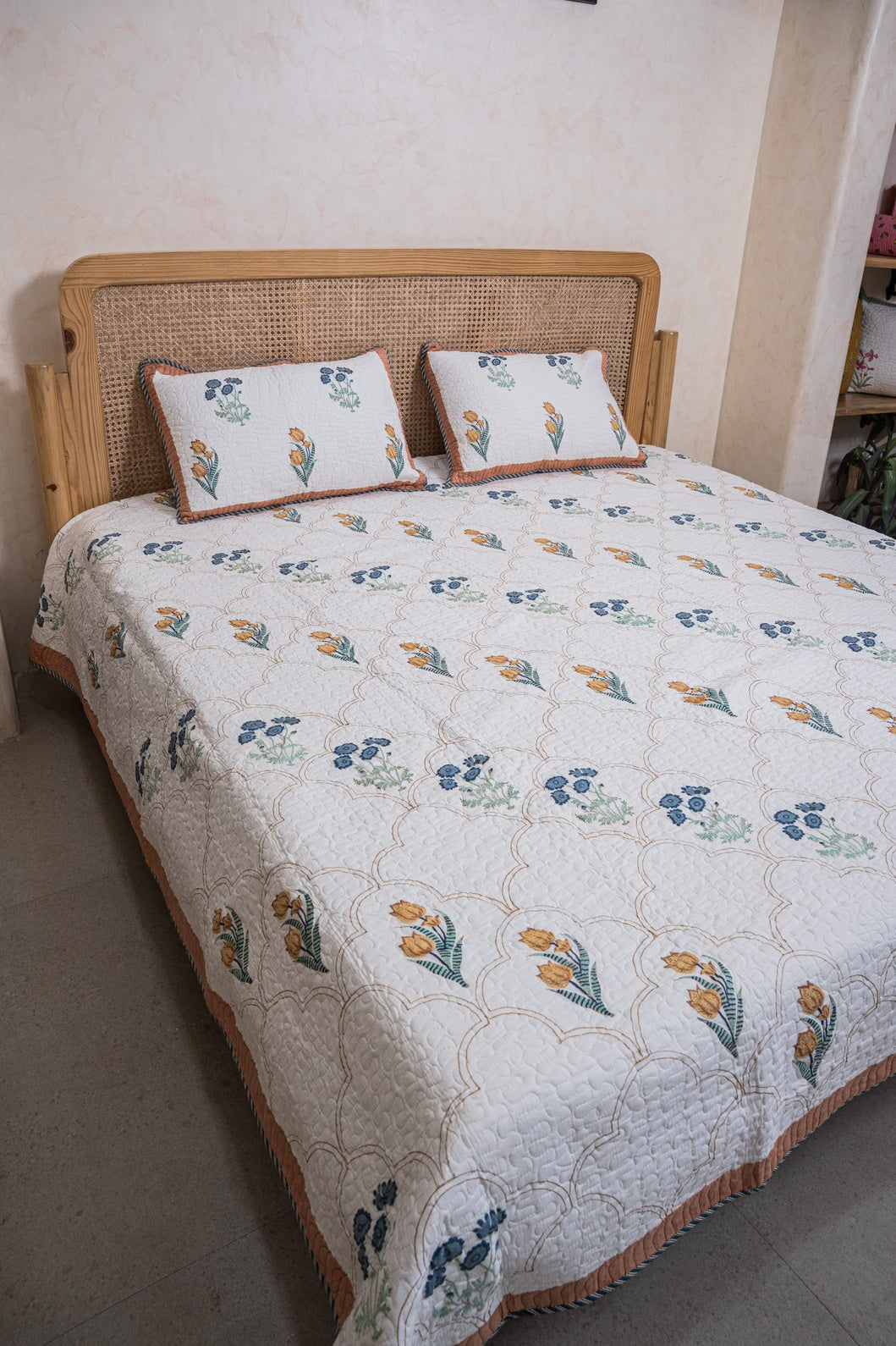 HANDBLOCK PRINTED REVERSIBLE QUILTED BEDCOVER 108*108