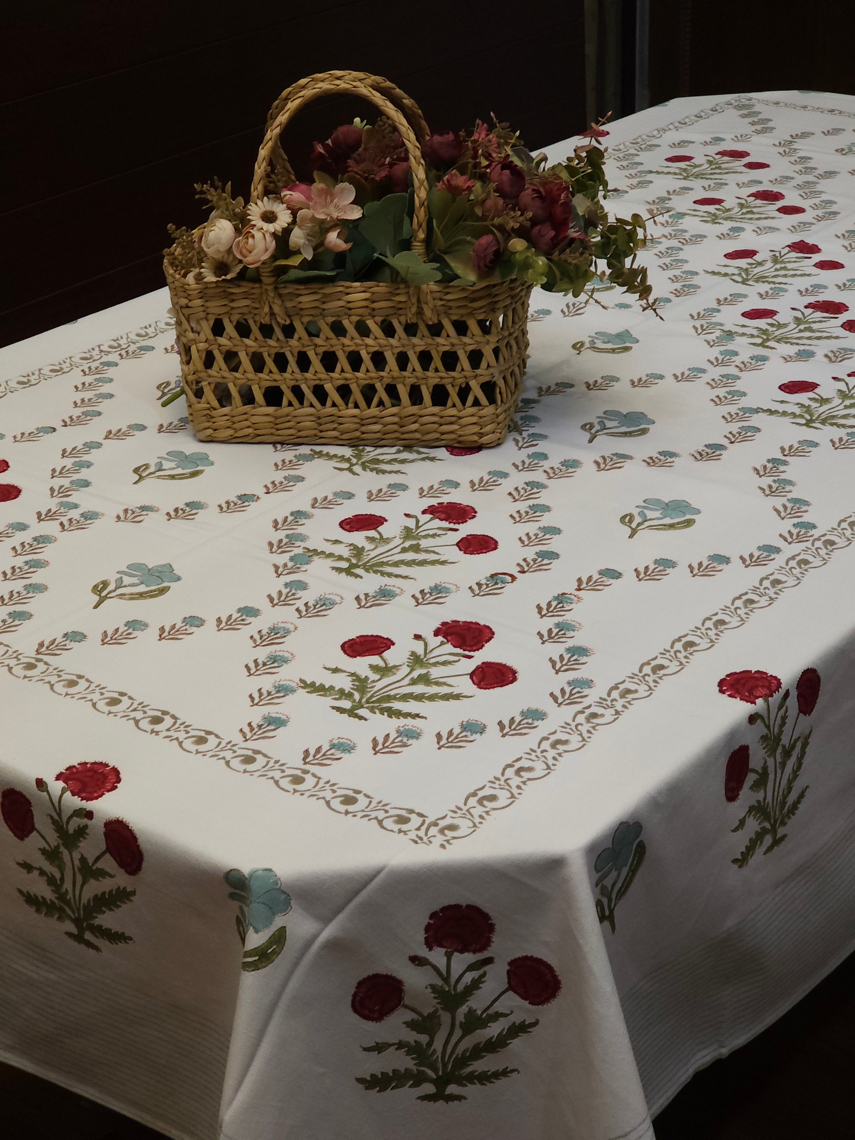 BLOOMING SIX & EIGHT SEATER HANDBLOCK PRINTED TABLECLOTH