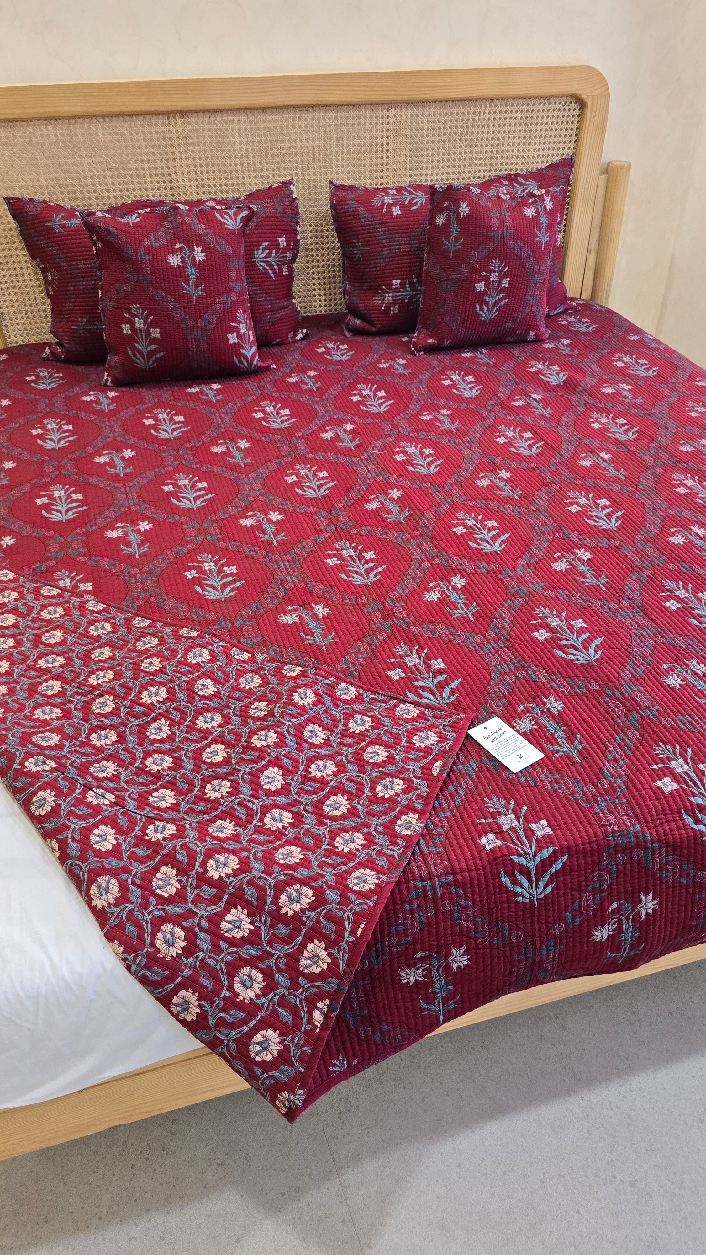 KANAK JAAL MAROON POPPY QUILTED BEDCOVER SET(5PC) - BEDCOVER + 2 PILLOW CASES + 2 CUSHION COVERS
