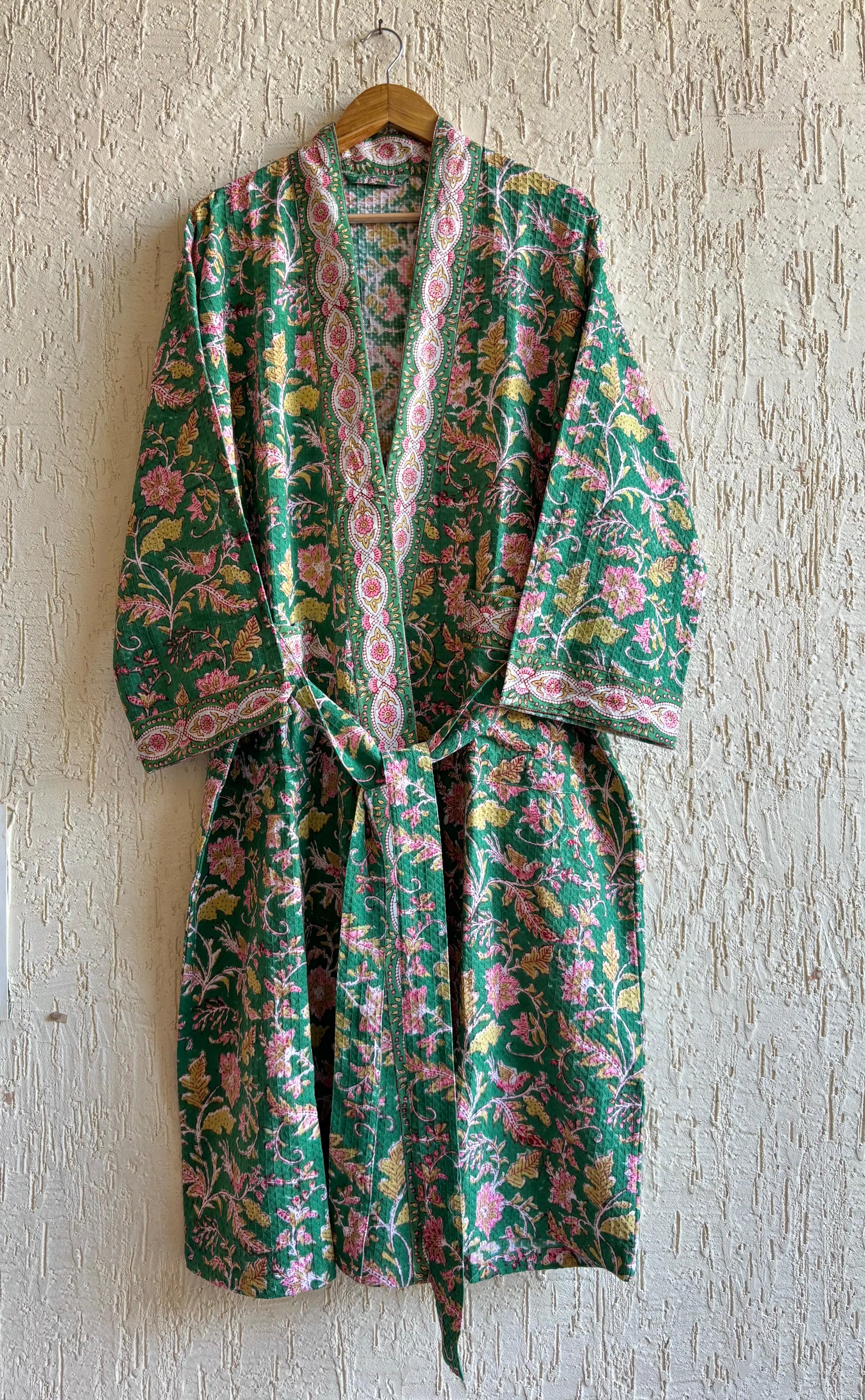 HAND BLOCK PRINTED WAFFLE BATHROBE