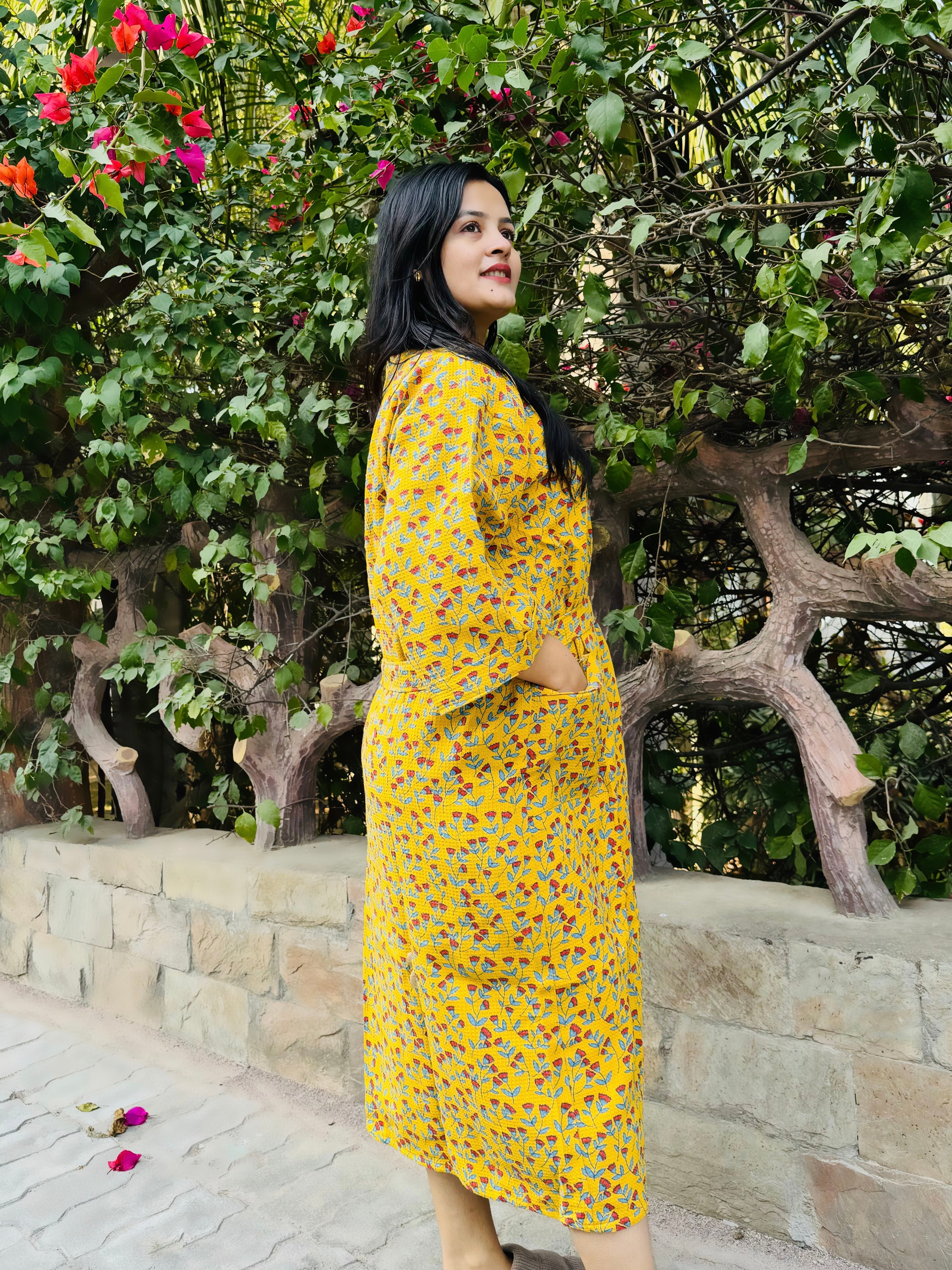 Waffle Cotton Floral Bath Robe