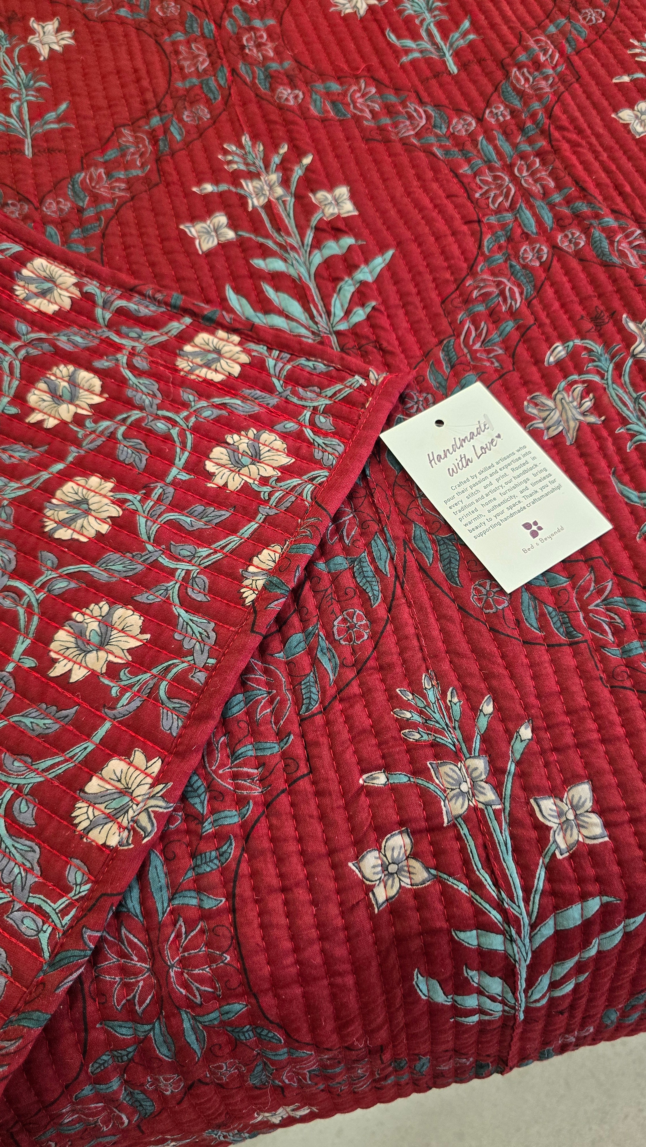 KANAK JAAL MAROON POPPY QUILTED BEDCOVER SET(5PC) - BEDCOVER + 2 PILLOW CASES + 2 CUSHION COVERS