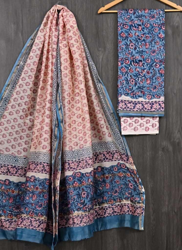 HAND BLOCK PRINTED CHANDERI UNSTITCHED SUIT