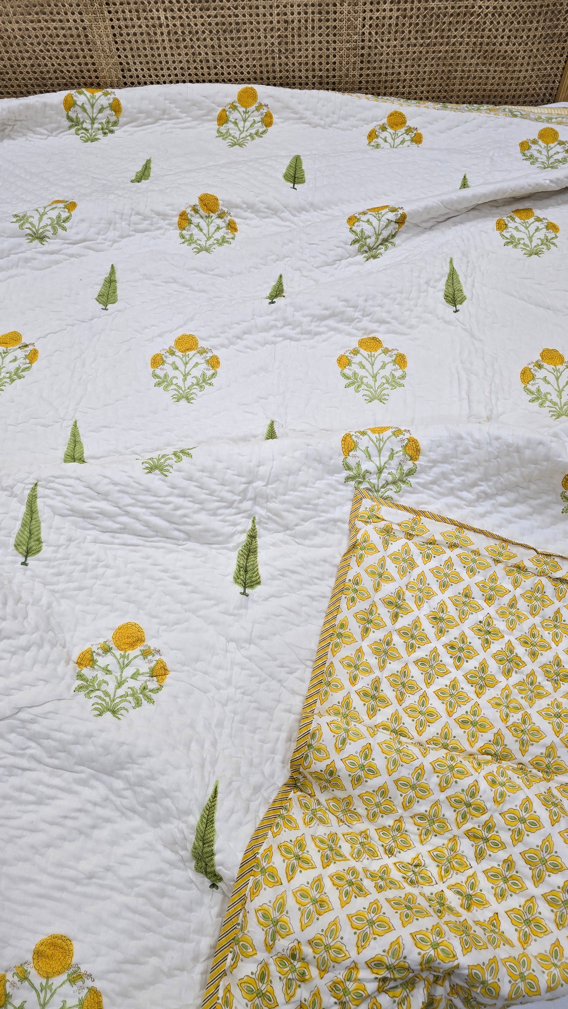 YELLOW MARIGOLD HAND BLOCK PRINTED REVERSIBLE MULMUL DOUBLE BED QUILT