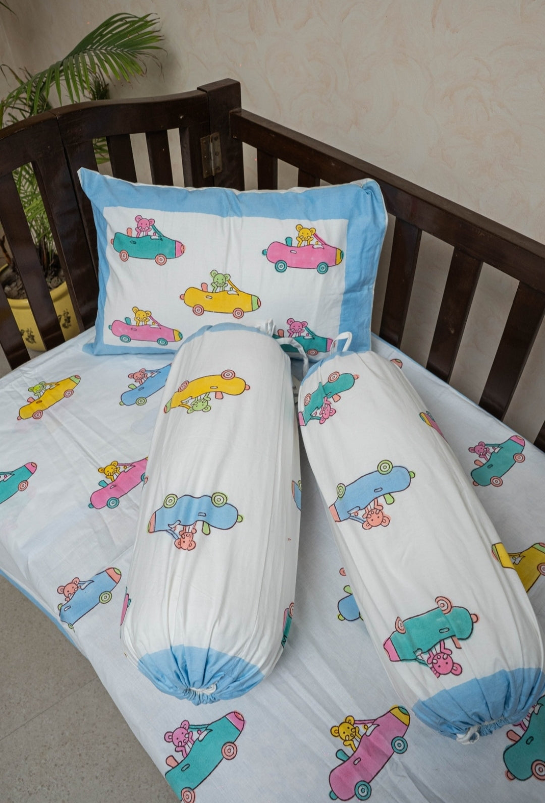 HAND BLOCK PRINTED CRIB BEDSHEET WITH PILLOW AND BOLSTER COVER