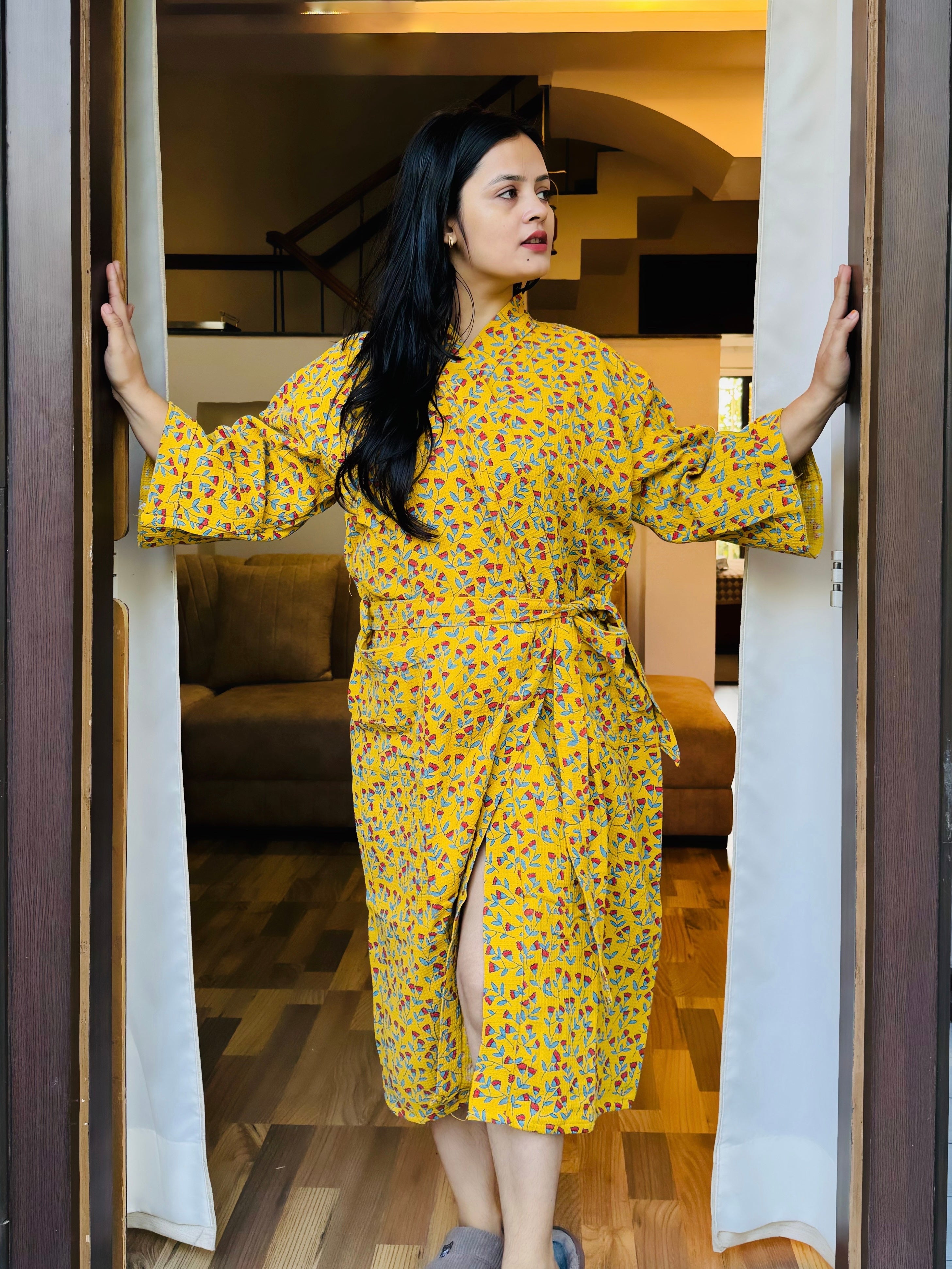 Waffle Cotton Floral Bath Robe