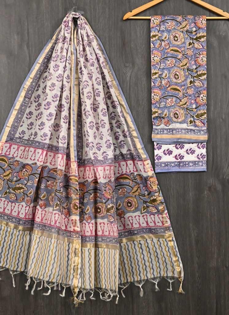 HAND BLOCK PRINTED CHANDERI UNSTITCHED SUIT