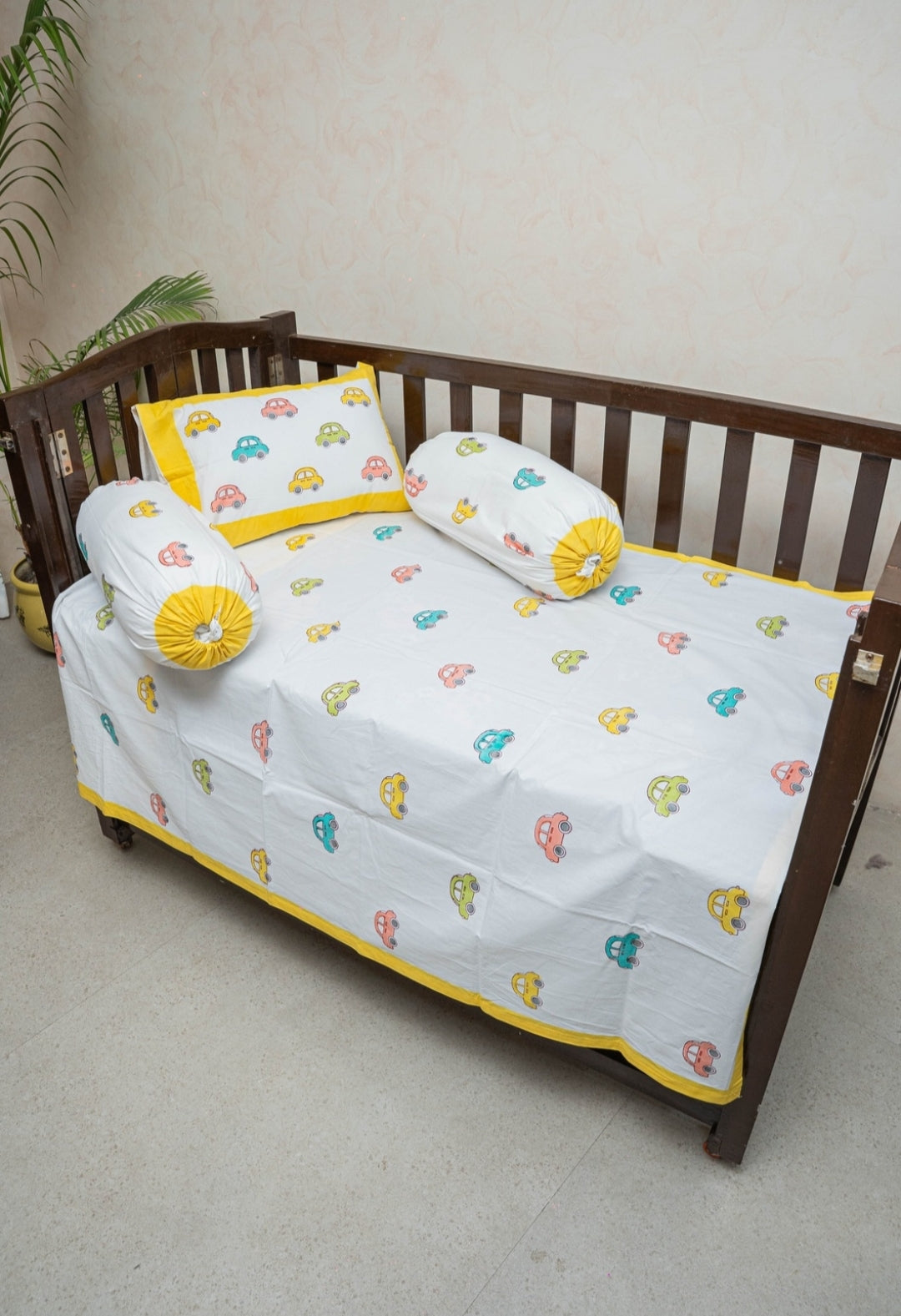 HAND BLOCK PRINTED CRIB BEDSHEET WITH PILLOW AND BOLSTER COVER