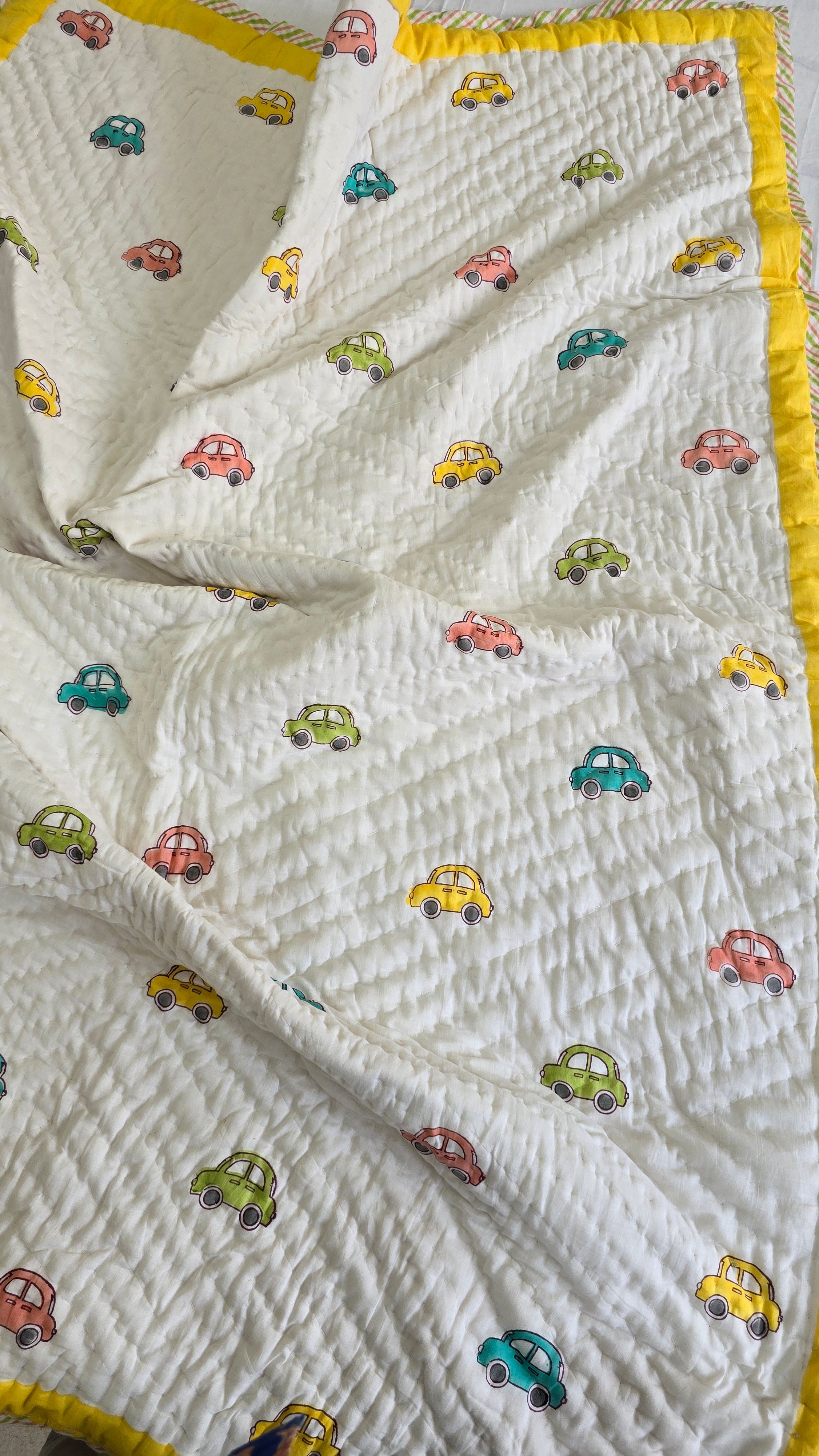 COLOURFUL TOY CAR HANDBLOCK PRINTED REVERSIBLE MULMUL BABY QUILT