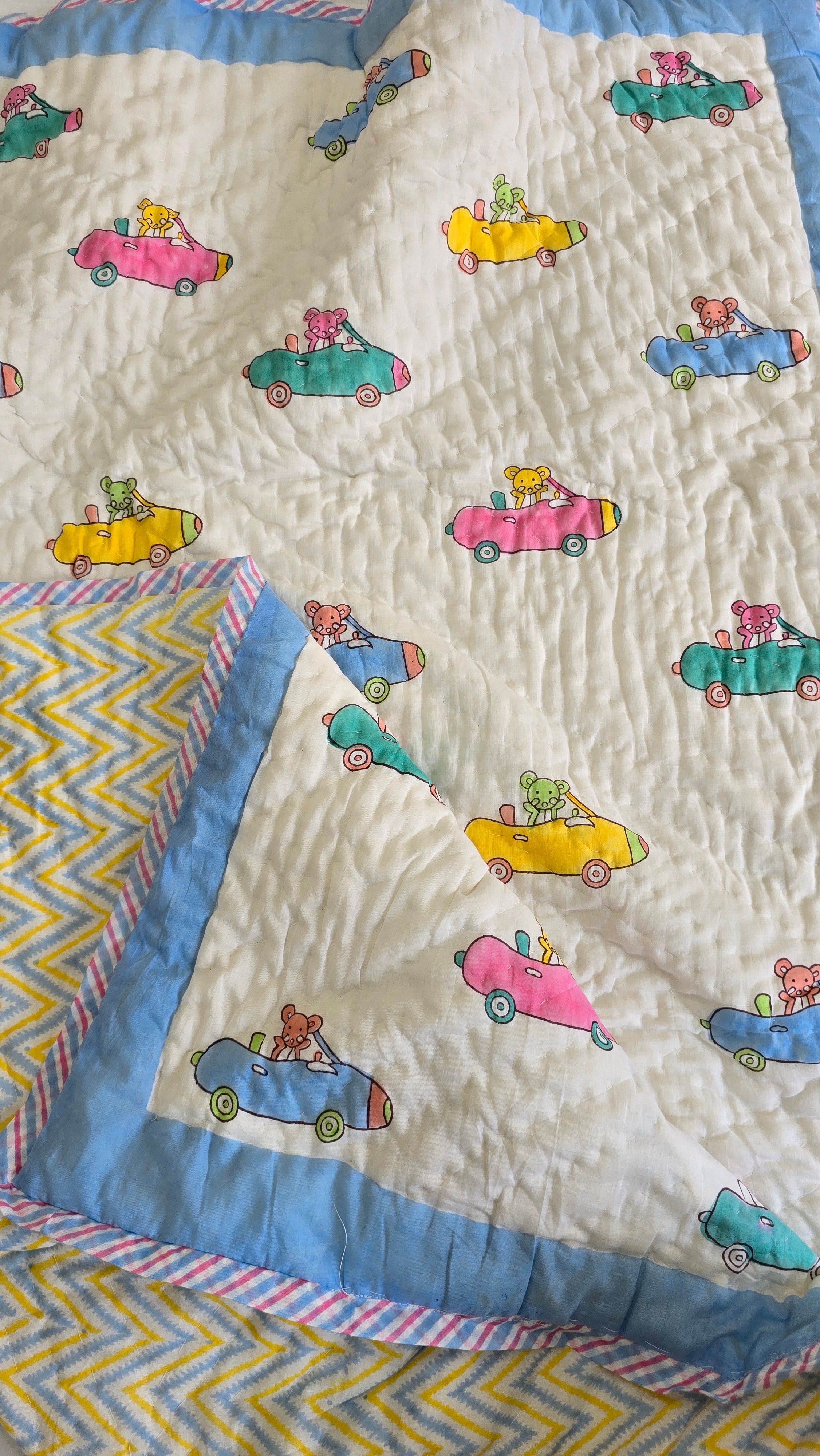 TINY TRAVELLER HANDBLOCK PRINTED REVERSIBLE MULMUL BABY QUILT