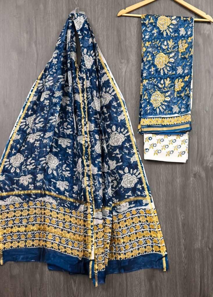 HAND BLOCK PRINTED CHANDERI UNSTITCHED SUIT