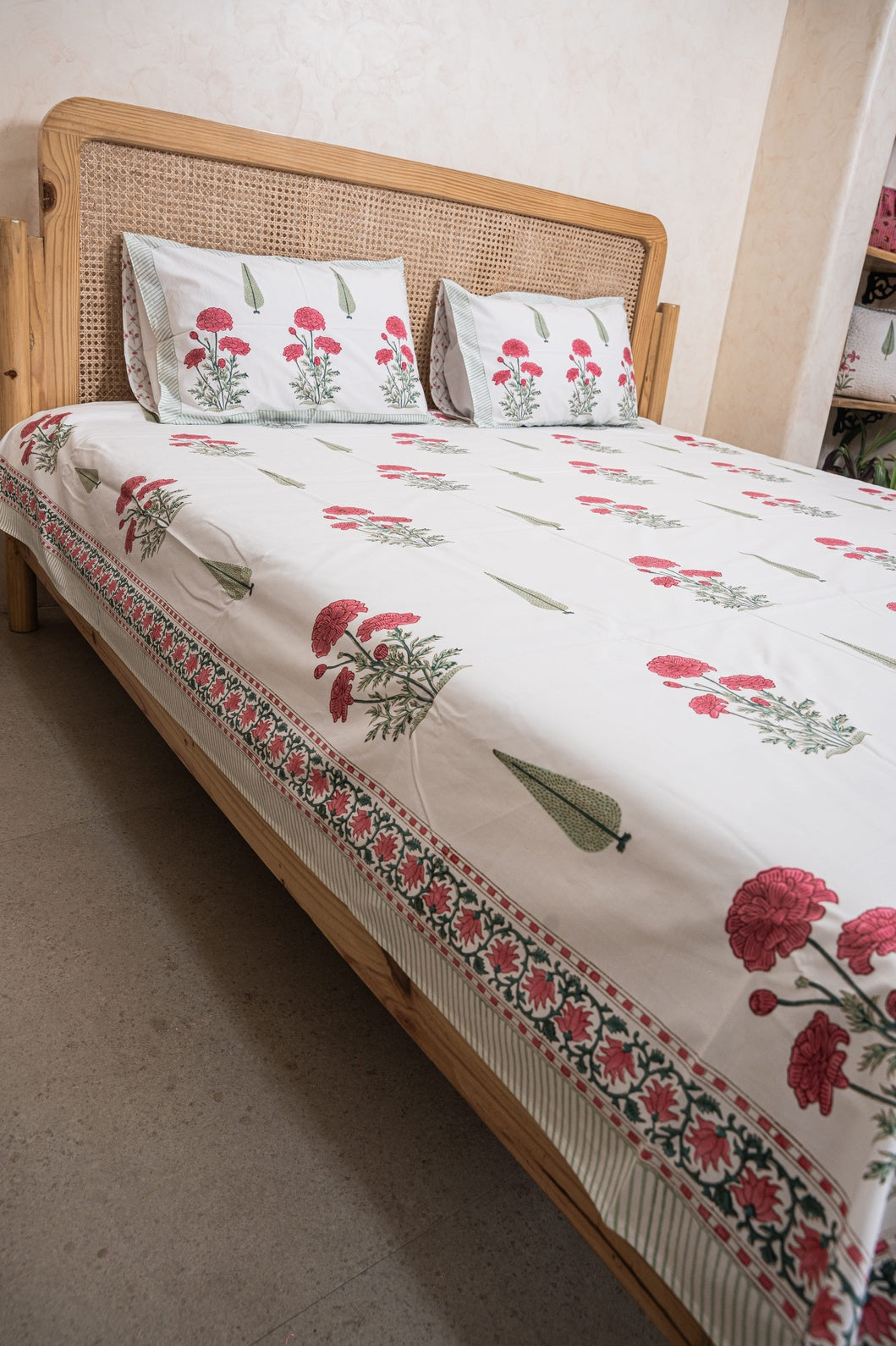 RED MARIGOLD HAND BLOCK PRINTED BEDSHEET WITH TWO REVERSIBLE PILLOW COVERS