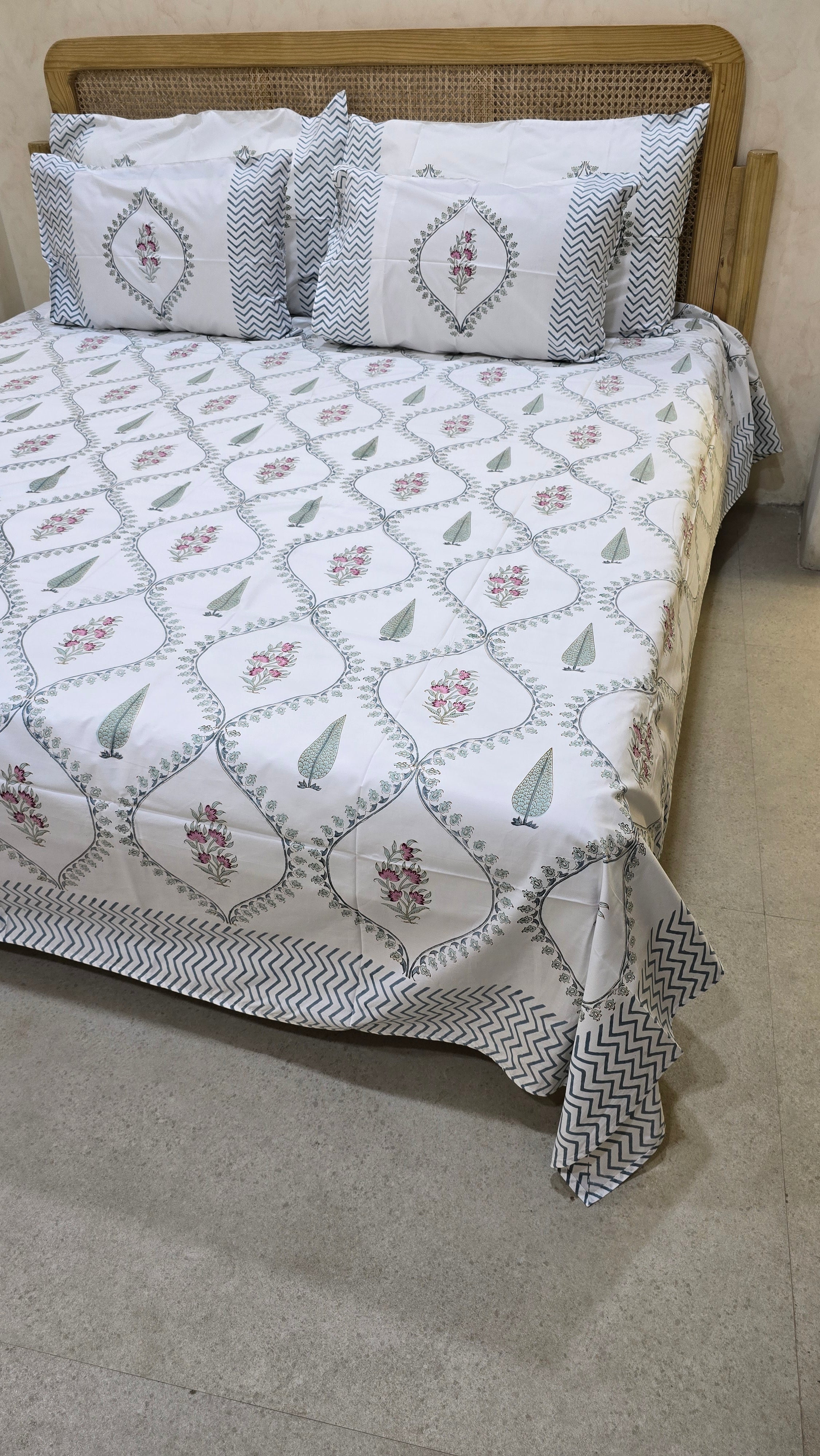 PRISHA HAND BLOCK PRINTED BEDSHEET WITH TWO REVERSIBLE PILLOW COVERS