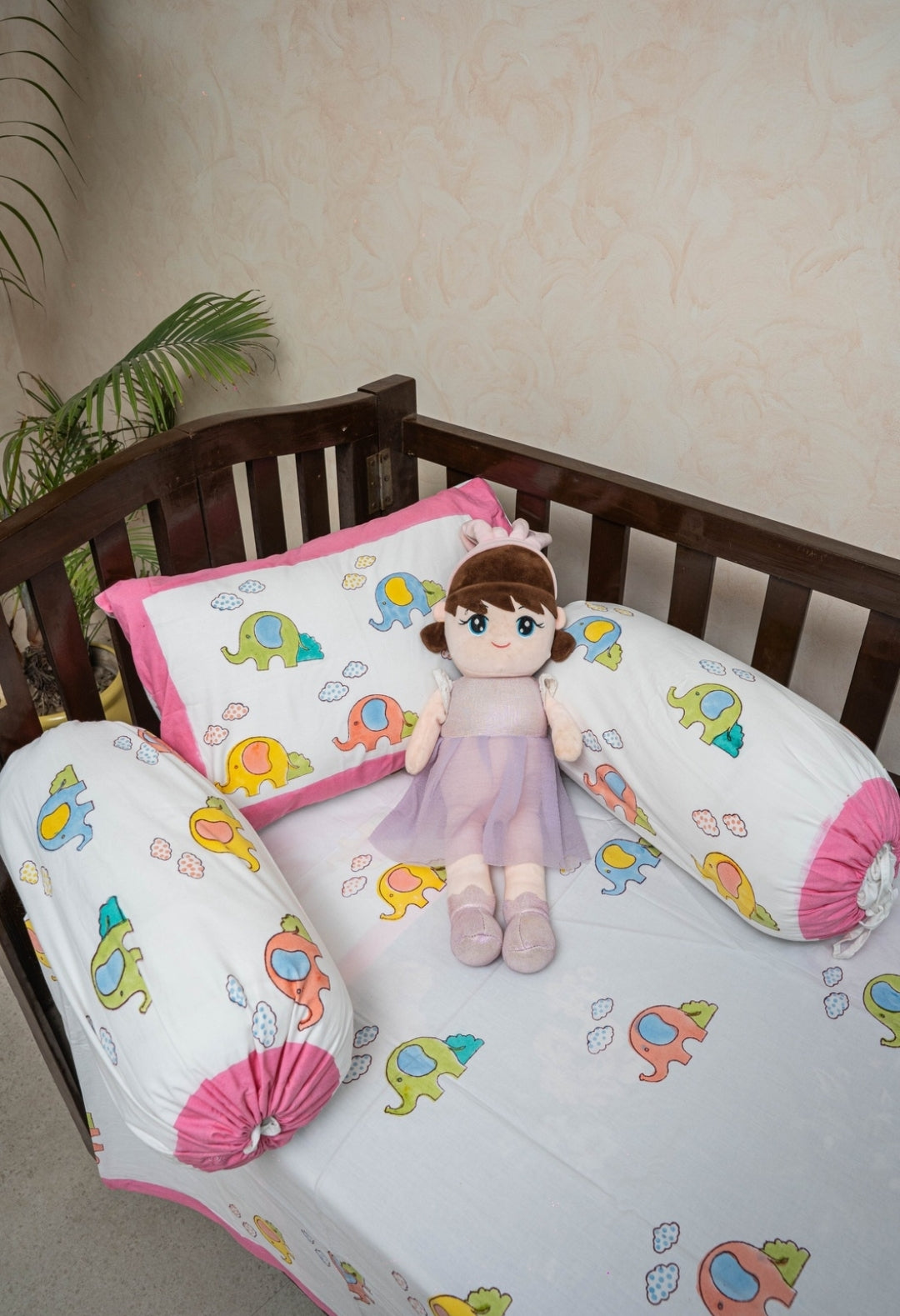 HAND BLOCK PRINTED CRIB BEDSHEET WITH PILLOW AND BOLSTER COVER