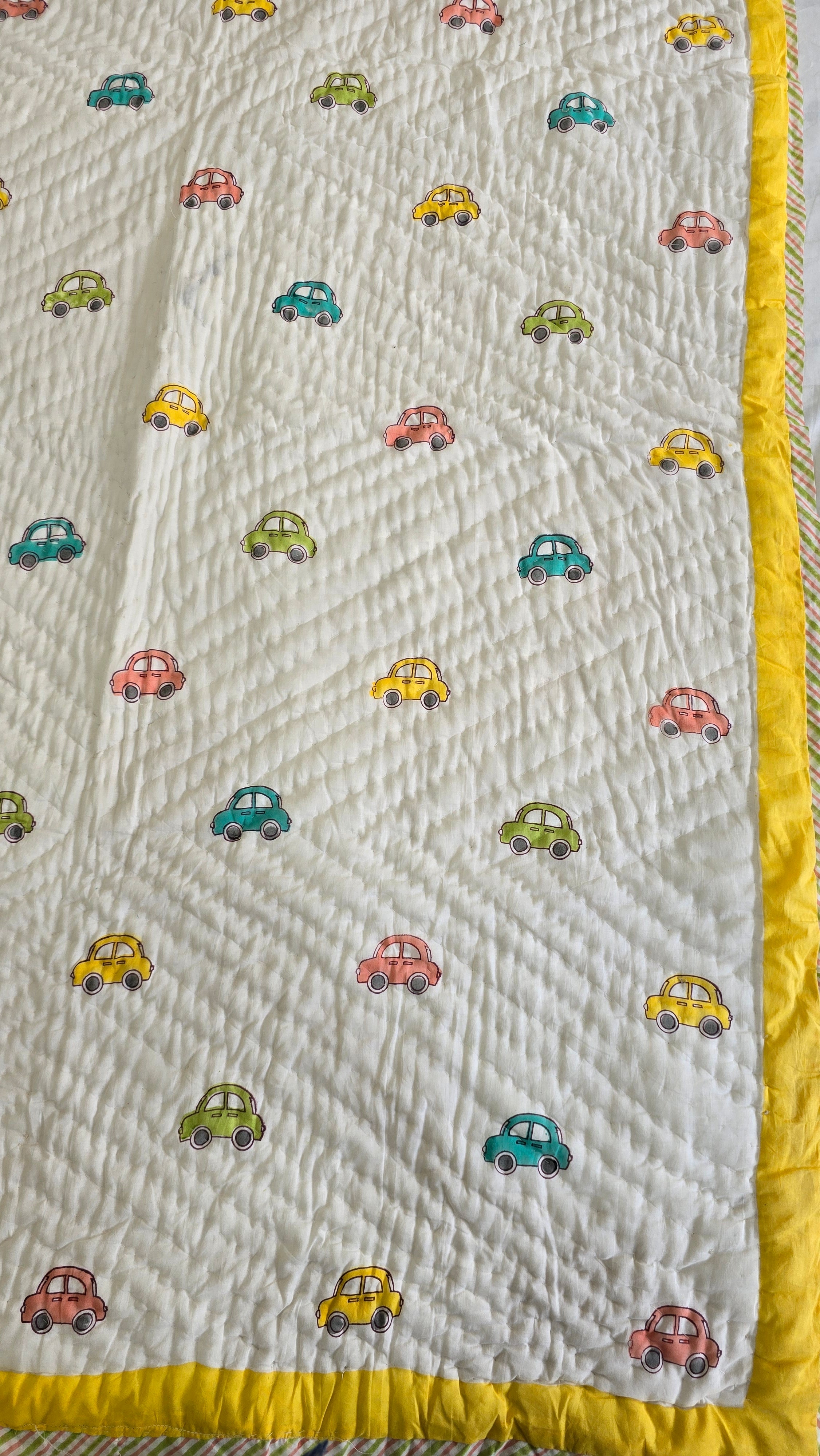 COLOURFUL TOY CAR HANDBLOCK PRINTED REVERSIBLE MULMUL BABY QUILT