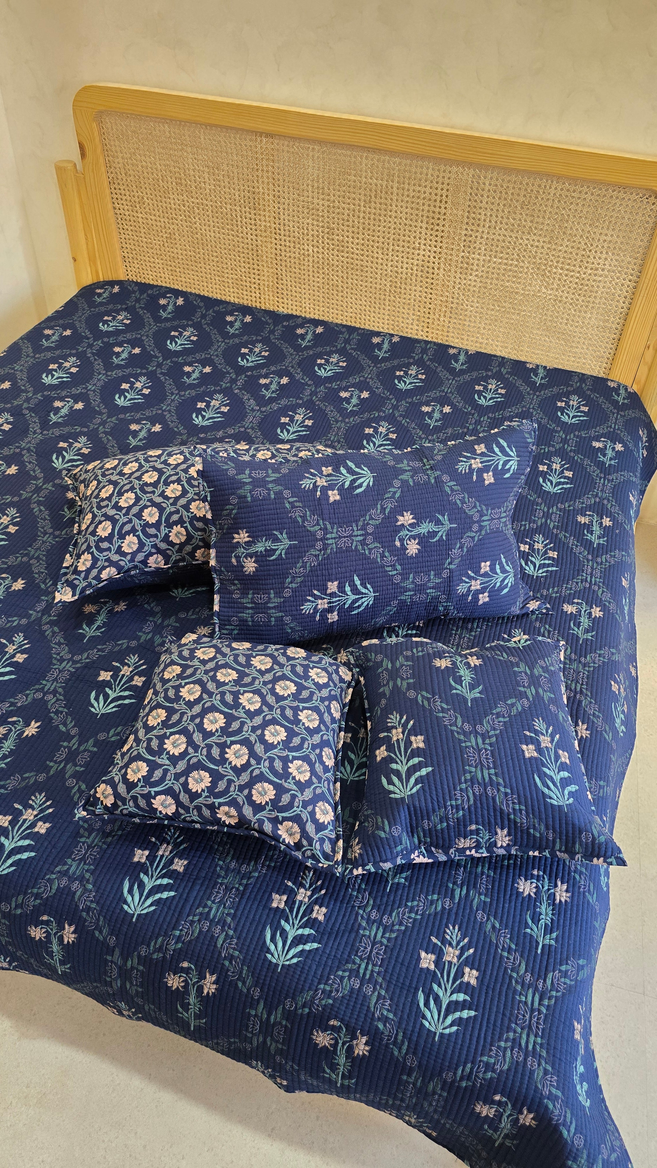 KANAK JAAL BLUE POPPY QUILTED BEDCOVER SET(5PC) - BEDCOVER + 2 PILLOW CASES + 2 CUSHION COVERS