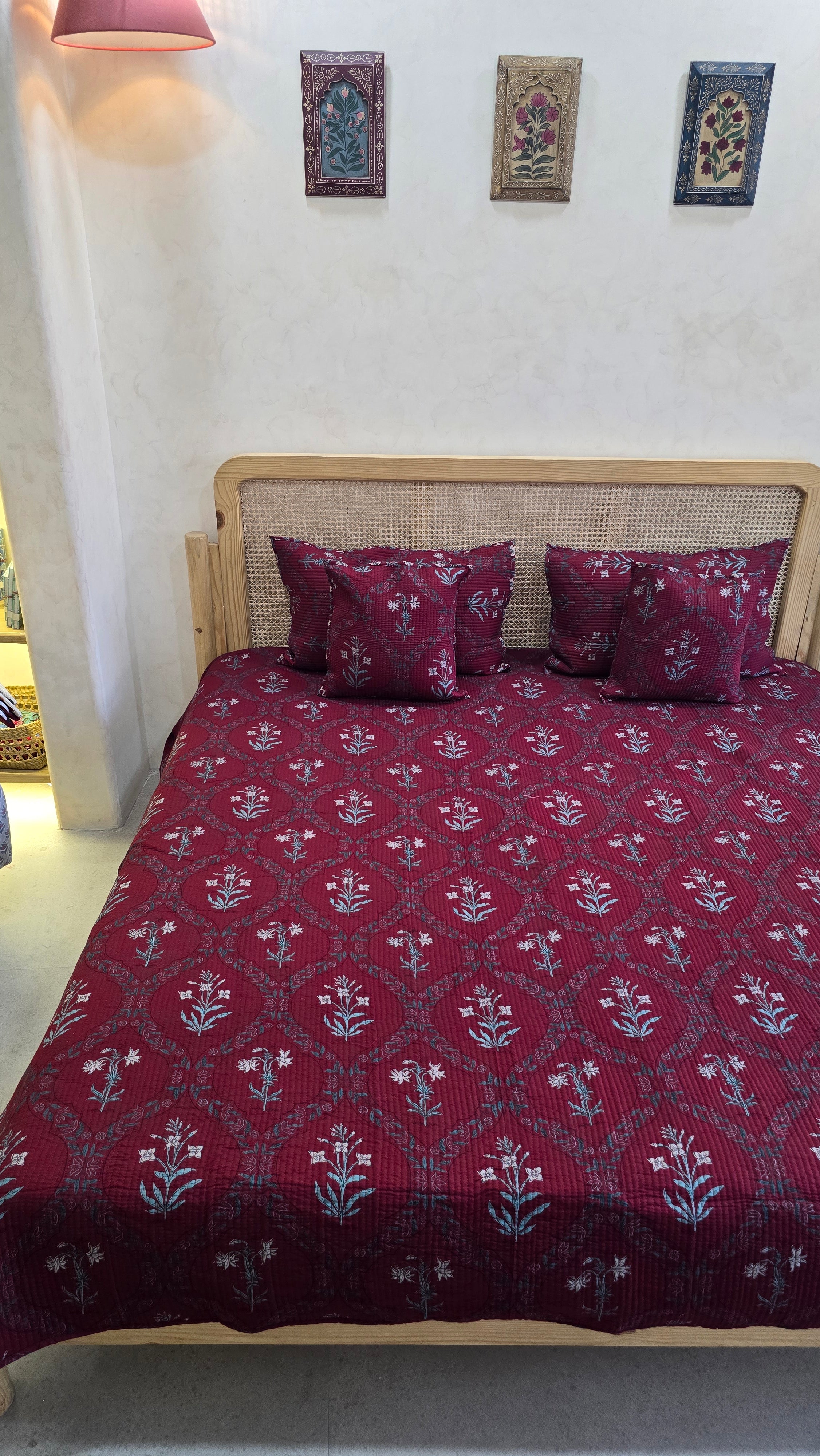 KANAK JAAL MAROON POPPY QUILTED BEDCOVER SET(5PC) - BEDCOVER + 2 PILLOW CASES + 2 CUSHION COVERS