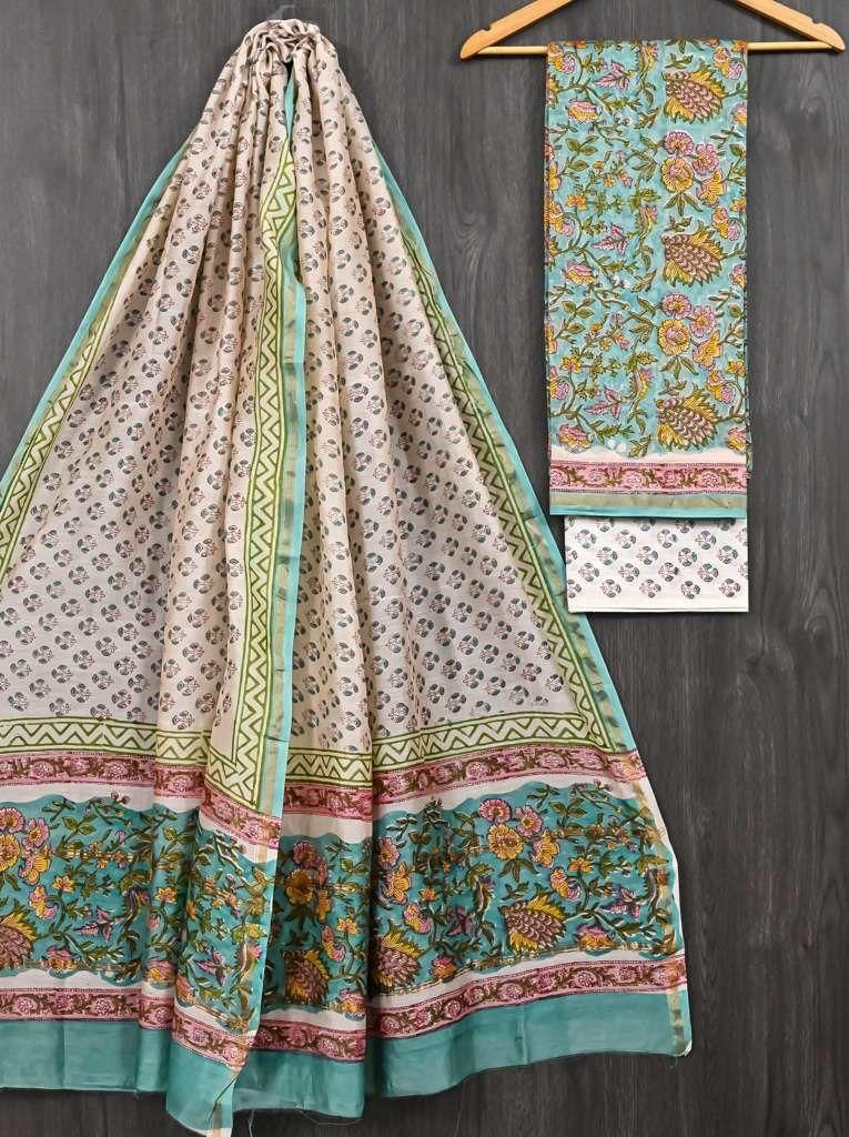 HAND BLOCK PRINTED CHANDERI UNSTITCHED SUIT
