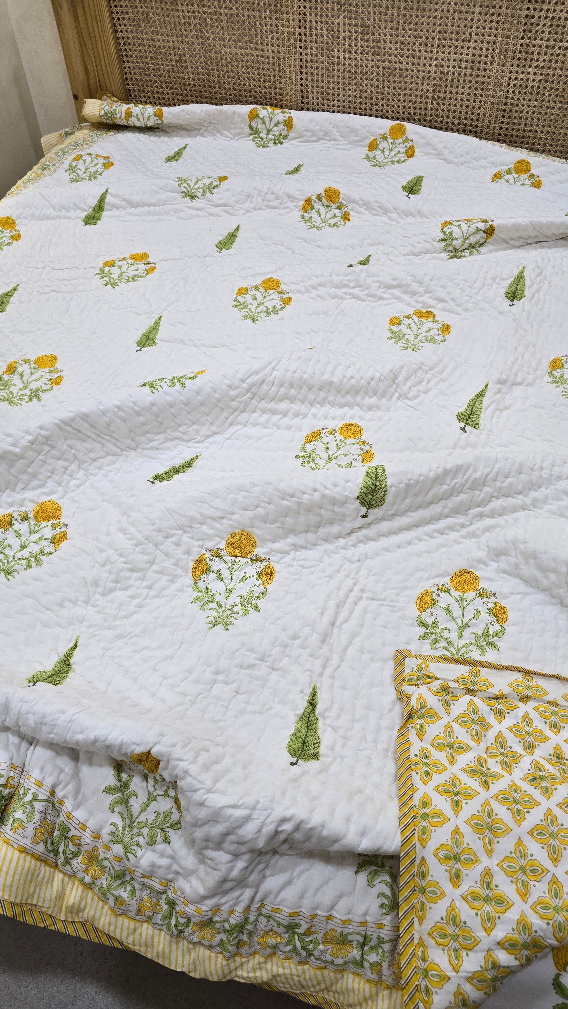 YELLOW MARIGOLD HAND BLOCK PRINTED REVERSIBLE MULMUL DOUBLE BED QUILT