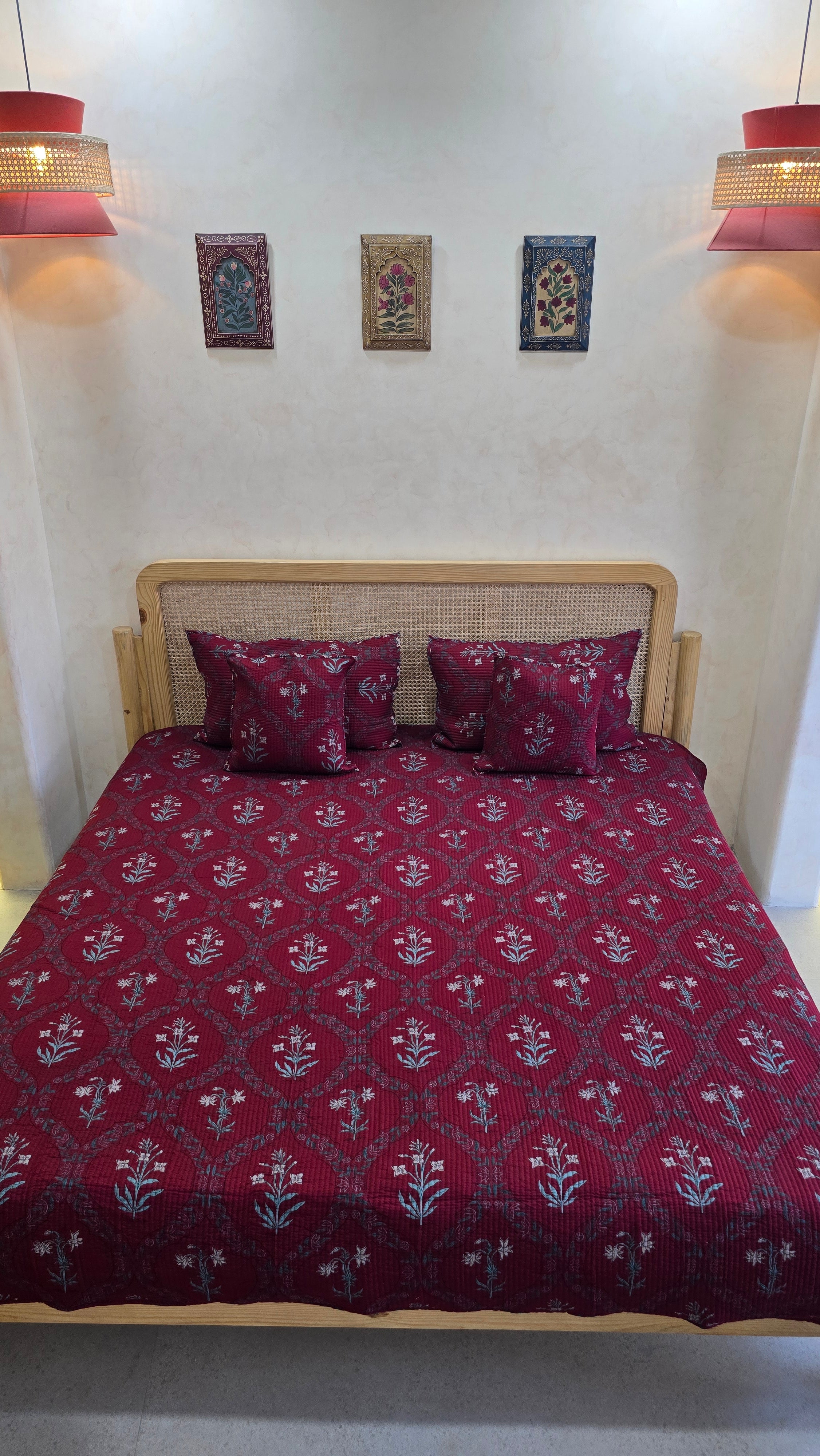 KANAK JAAL MAROON POPPY QUILTED BEDCOVER SET(5PC) - BEDCOVER + 2 PILLOW CASES + 2 CUSHION COVERS