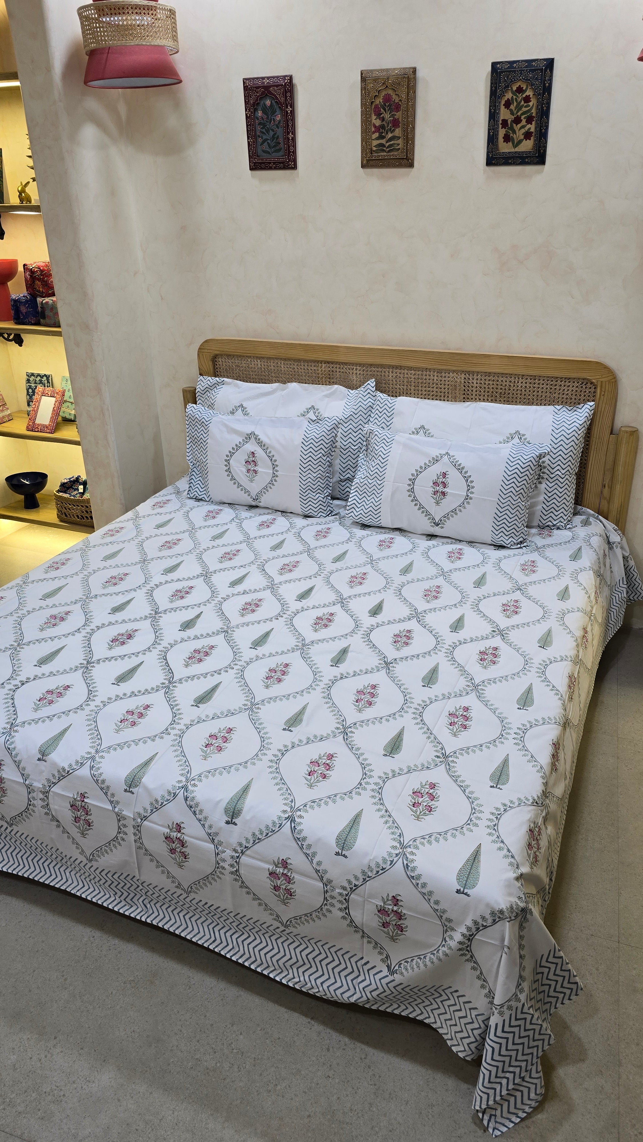 PRISHA HAND BLOCK PRINTED BEDSHEET WITH TWO REVERSIBLE PILLOW COVERS