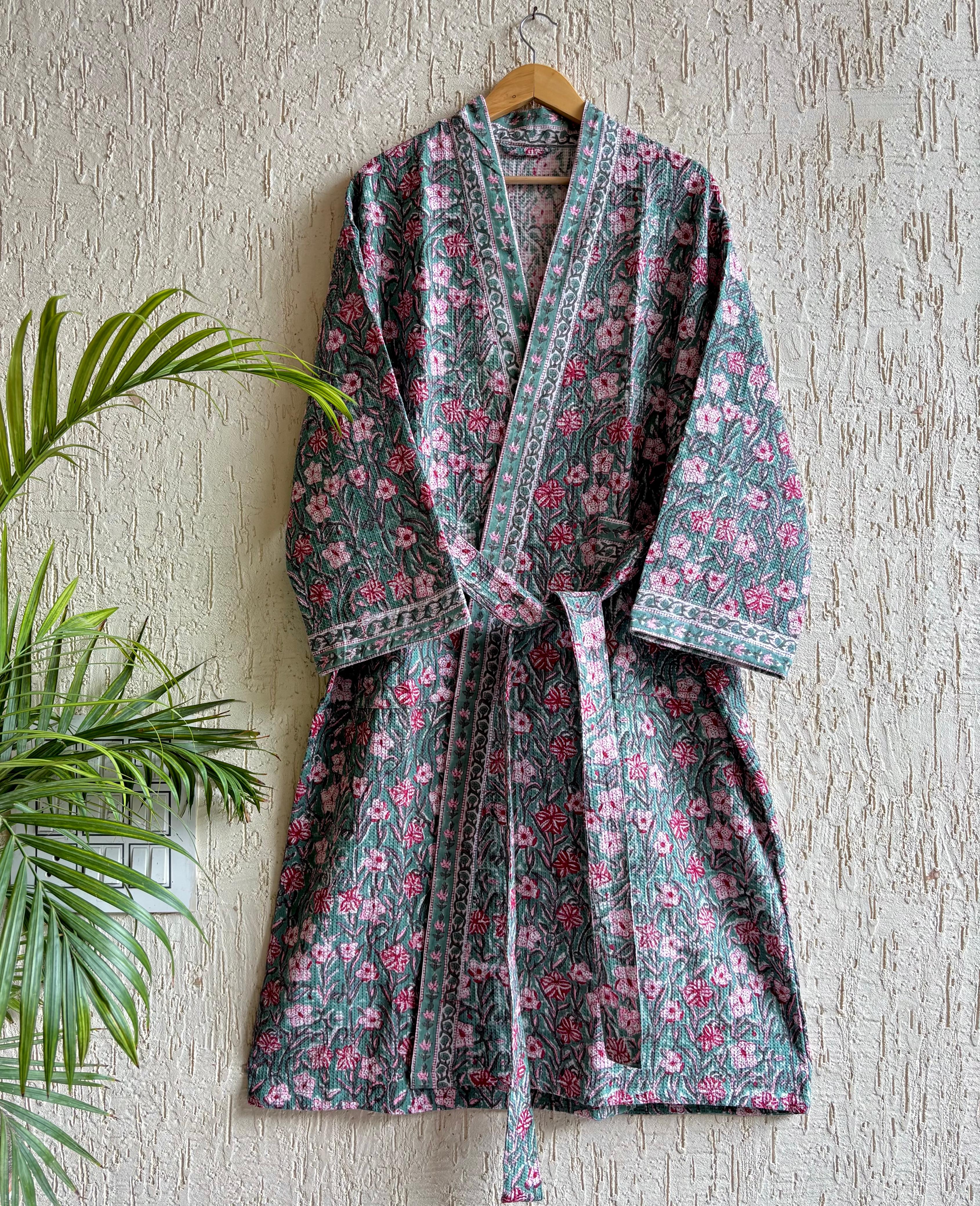 HAND BLOCK PRINTED WAFFLE BATHROBE