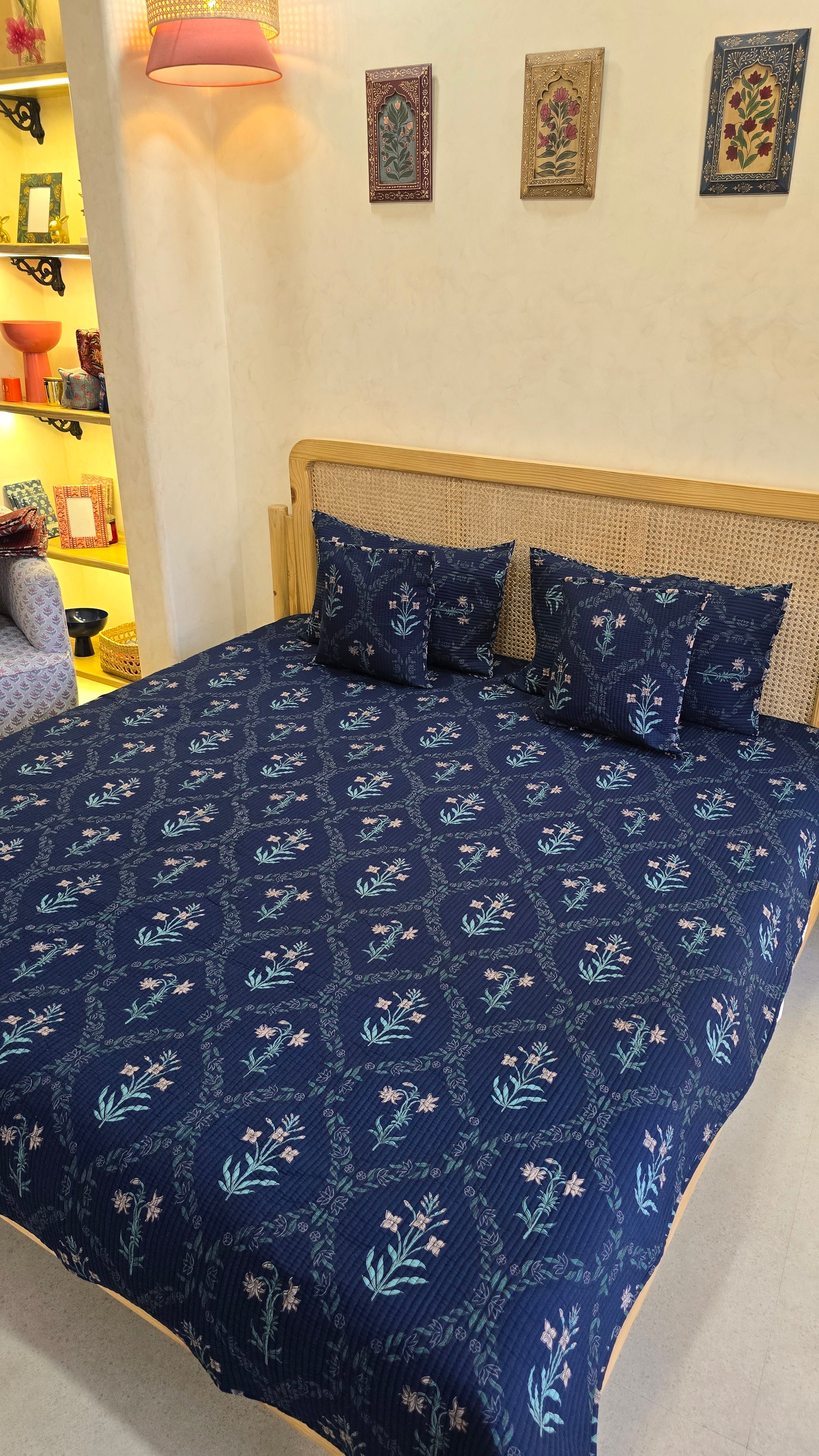 KANAK JAAL BLUE POPPY QUILTED BEDCOVER SET(5PC) - BEDCOVER + 2 PILLOW CASES + 2 CUSHION COVERS