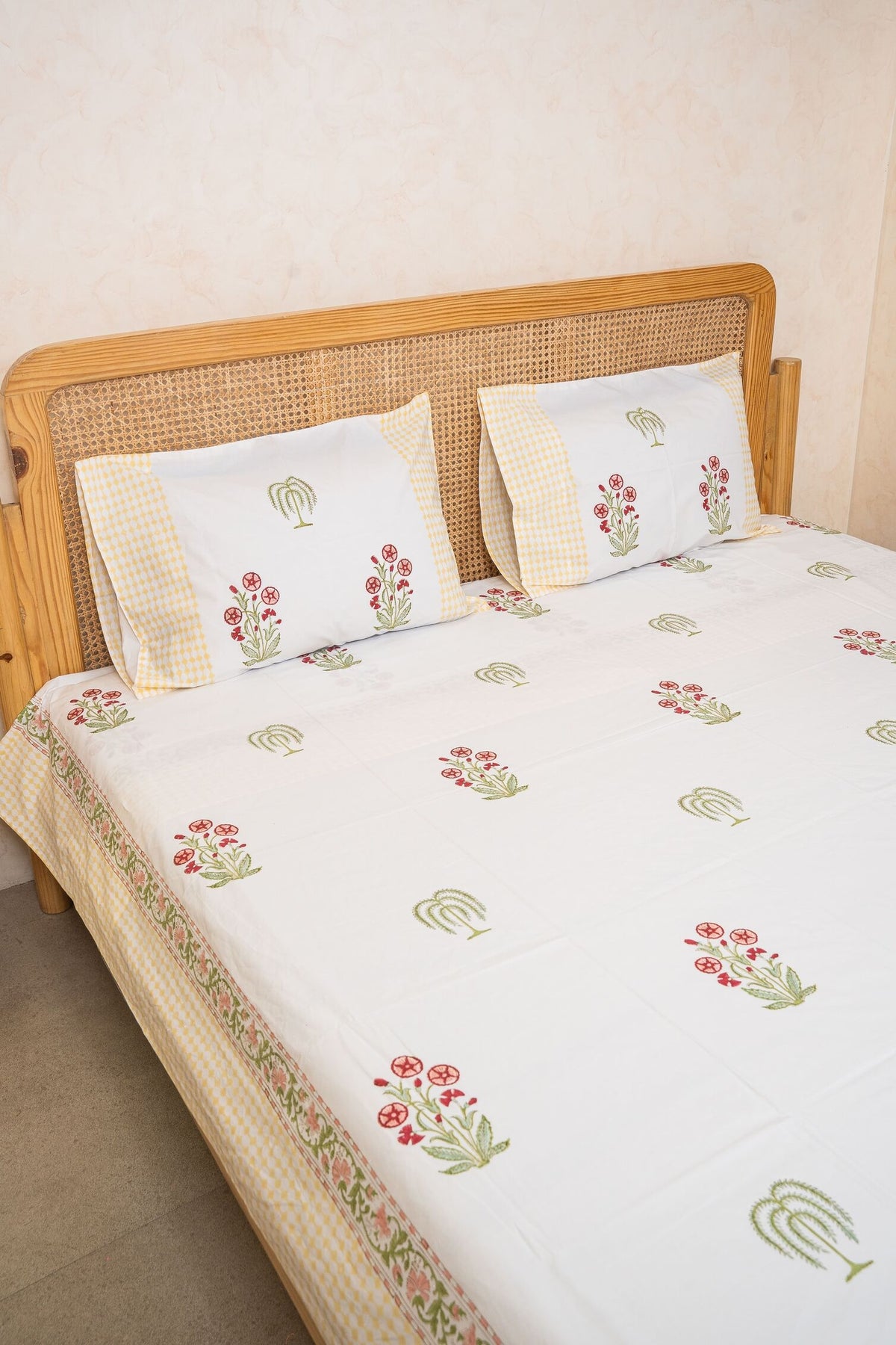 RUSTIC BLOOM HAND BLOCK PRINTED BEDSHEET WITH TWO REVERSIBLE PILLOW COVERS