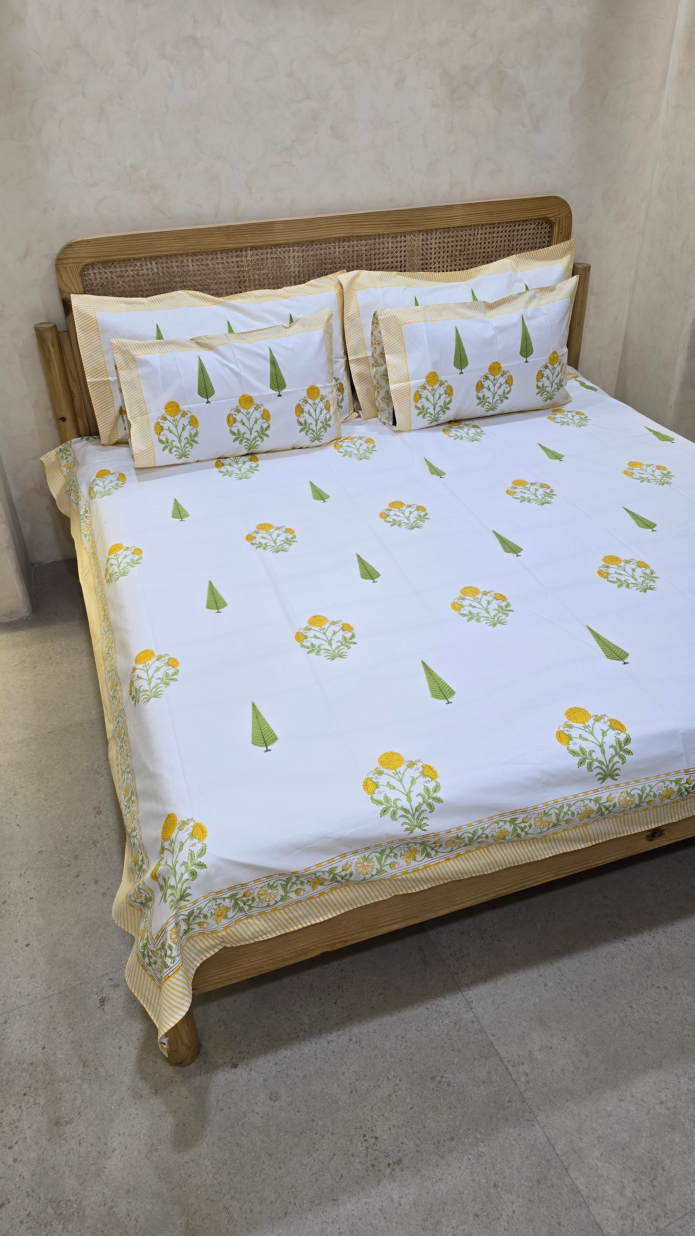 MARIGOLD HAND BLOCK PRINTED BEDSHEET WITH TWO REVERSIBLE PILLOW COVERS
