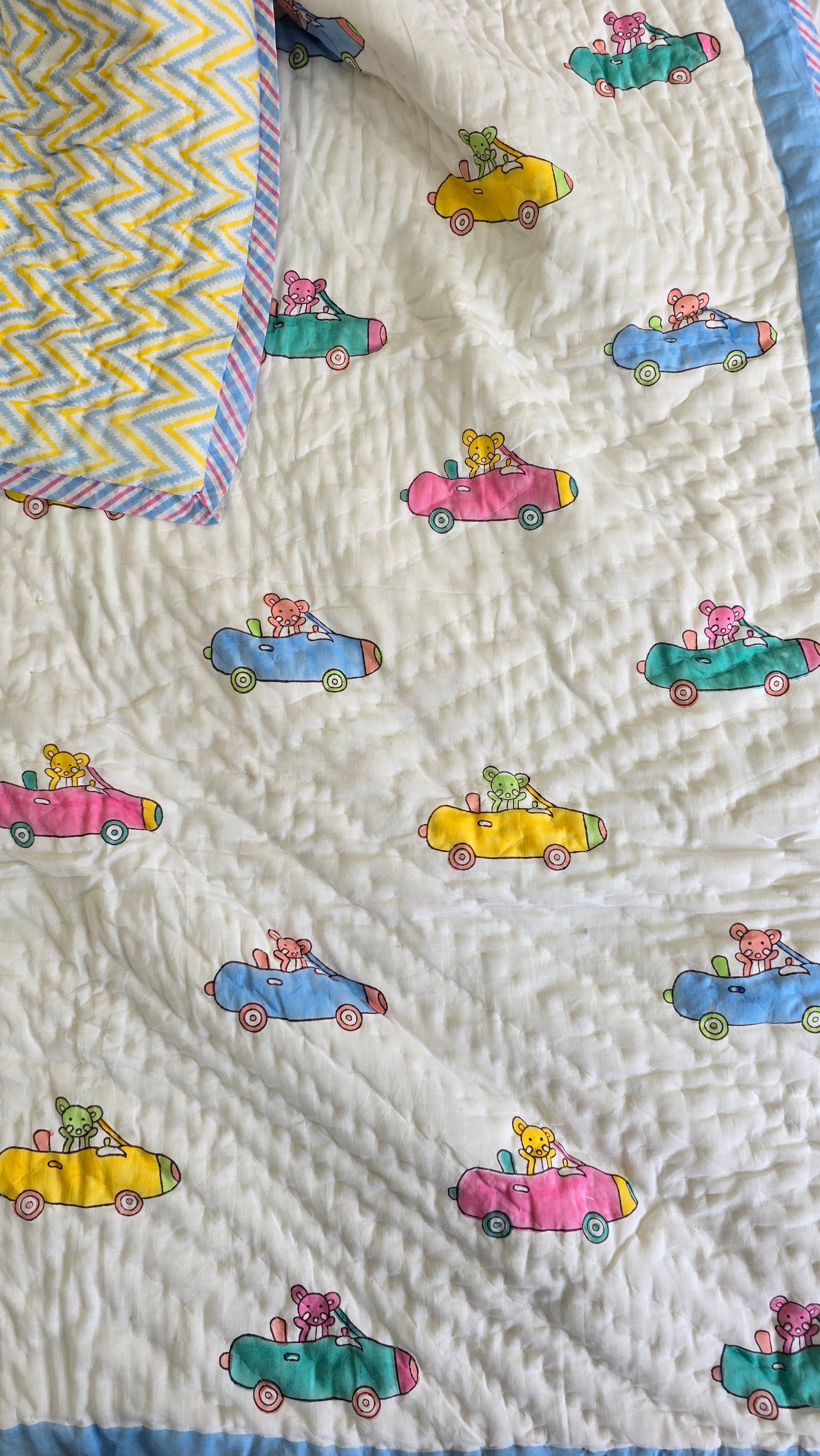 TINY TRAVELLER HANDBLOCK PRINTED REVERSIBLE MULMUL BABY QUILT