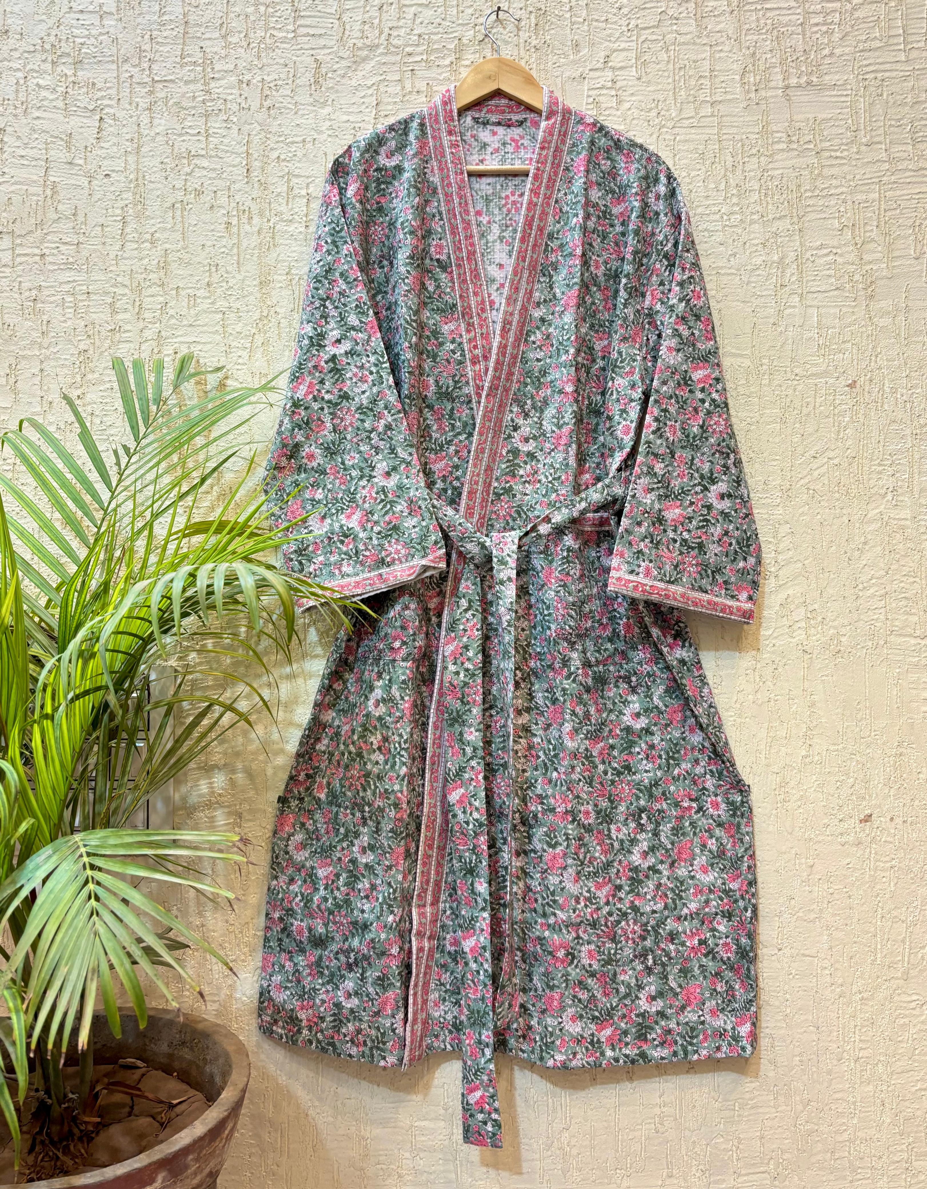 HAND BLOCK PRINTED WAFFLE BATHROBE