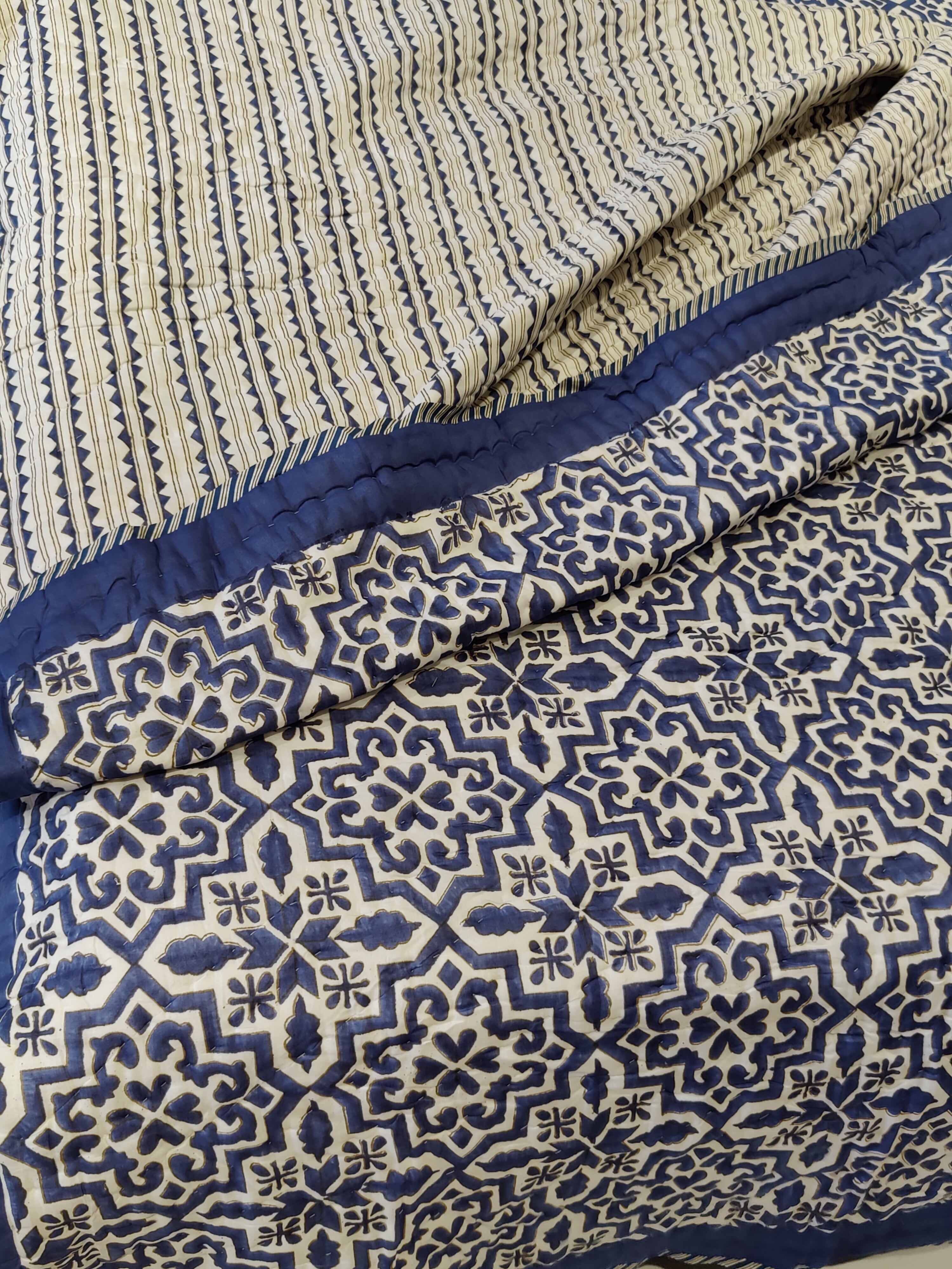 GEOMETRICAL BLUE HAND BLOCK PRINTED REVERSIBLE MULMUL QUILT