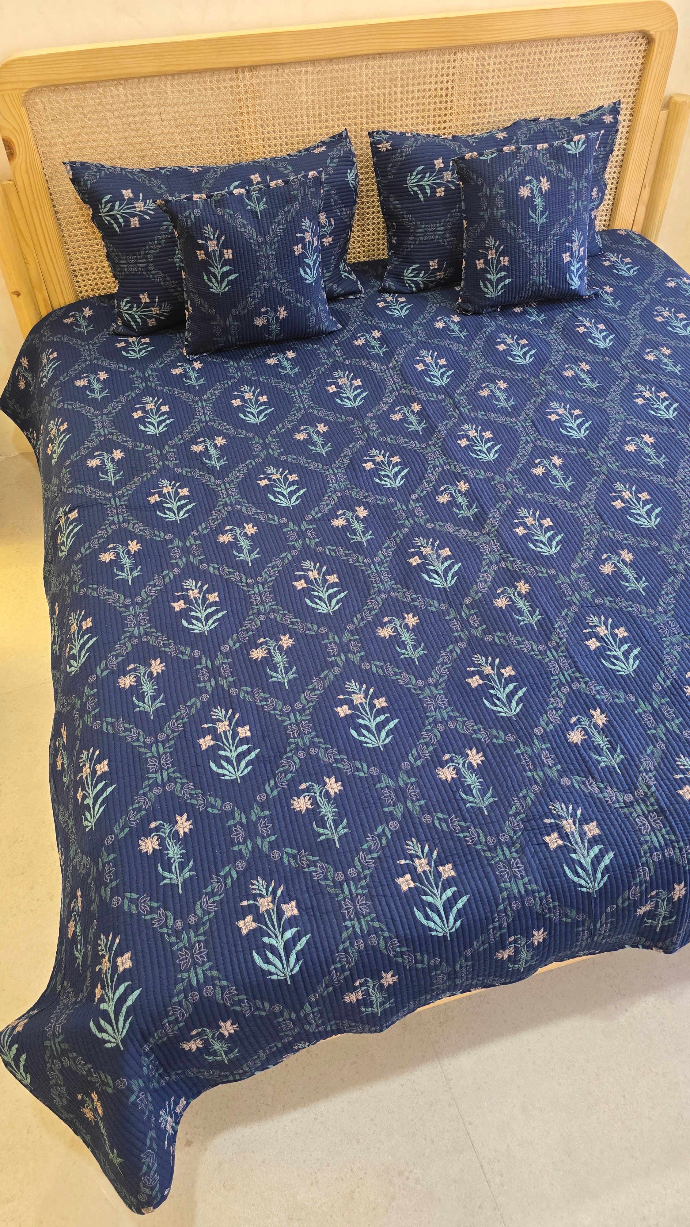 KANAK JAAL BLUE POPPY QUILTED BEDCOVER SET(5PC) - BEDCOVER + 2 PILLOW CASES + 2 CUSHION COVERS