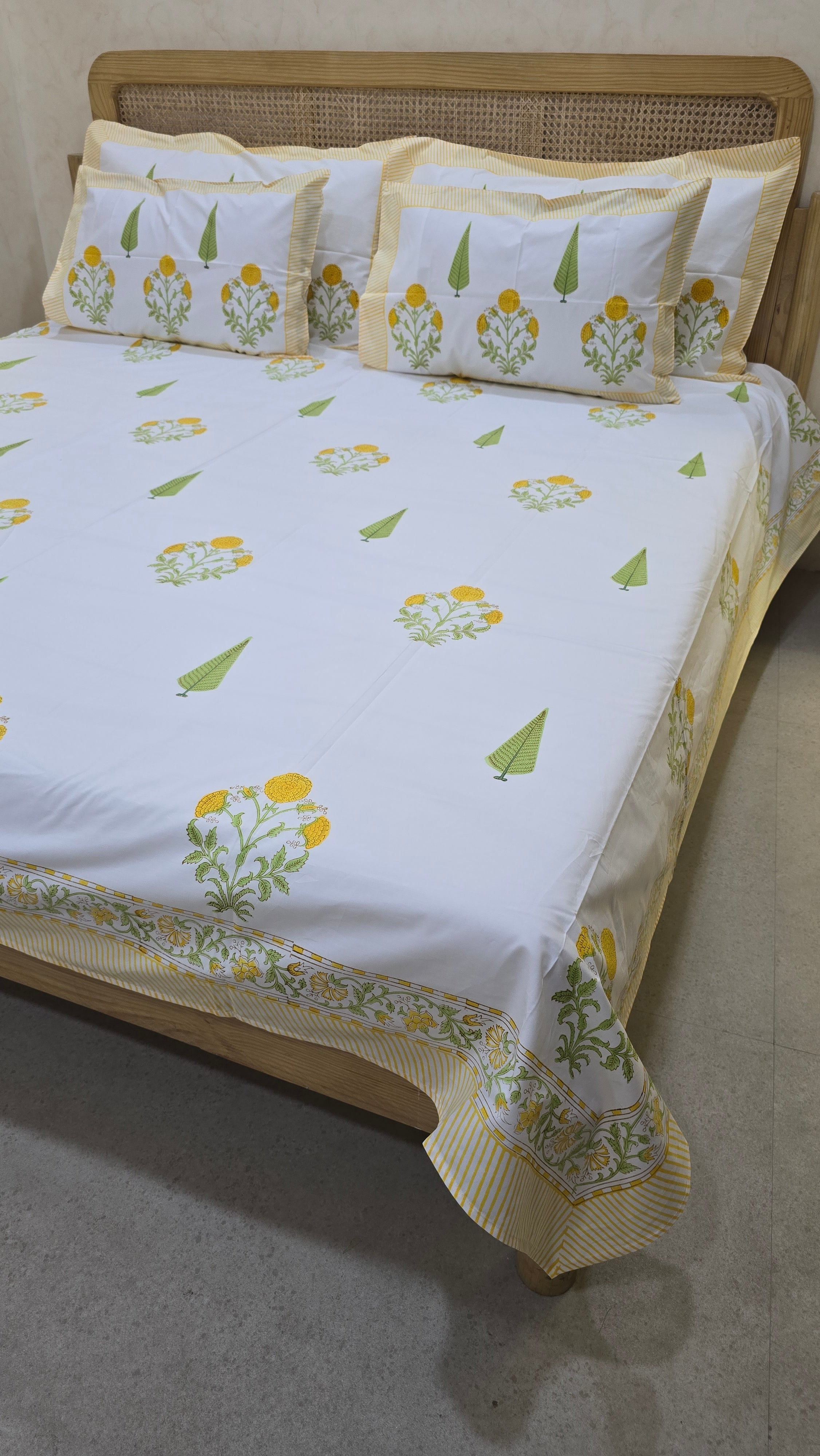 MARIGOLD HAND BLOCK PRINTED BEDSHEET WITH TWO REVERSIBLE PILLOW COVERS